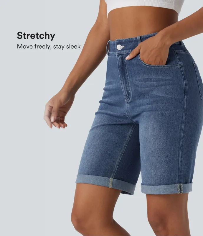 Halara Bermudas Halara Flex™ Denim mezclilla elástico lavado dobladillo enrollado múltiple bolsillo tiro alto - Paint Blue Denim - S(regular) sold by Halara