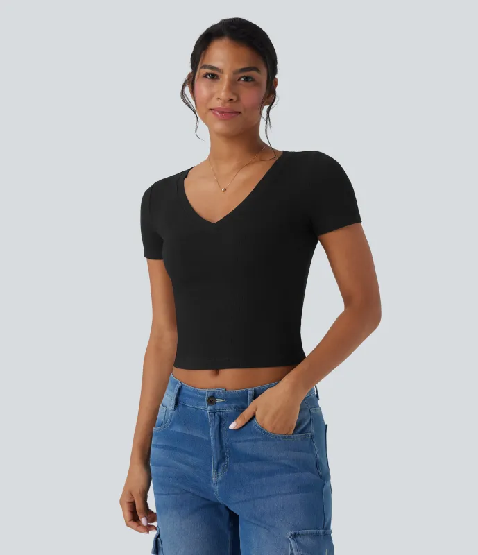 Halara Camiseta de oficina corta de manga corta con cuello en V y punto acanalado - Black - L sold by Halara