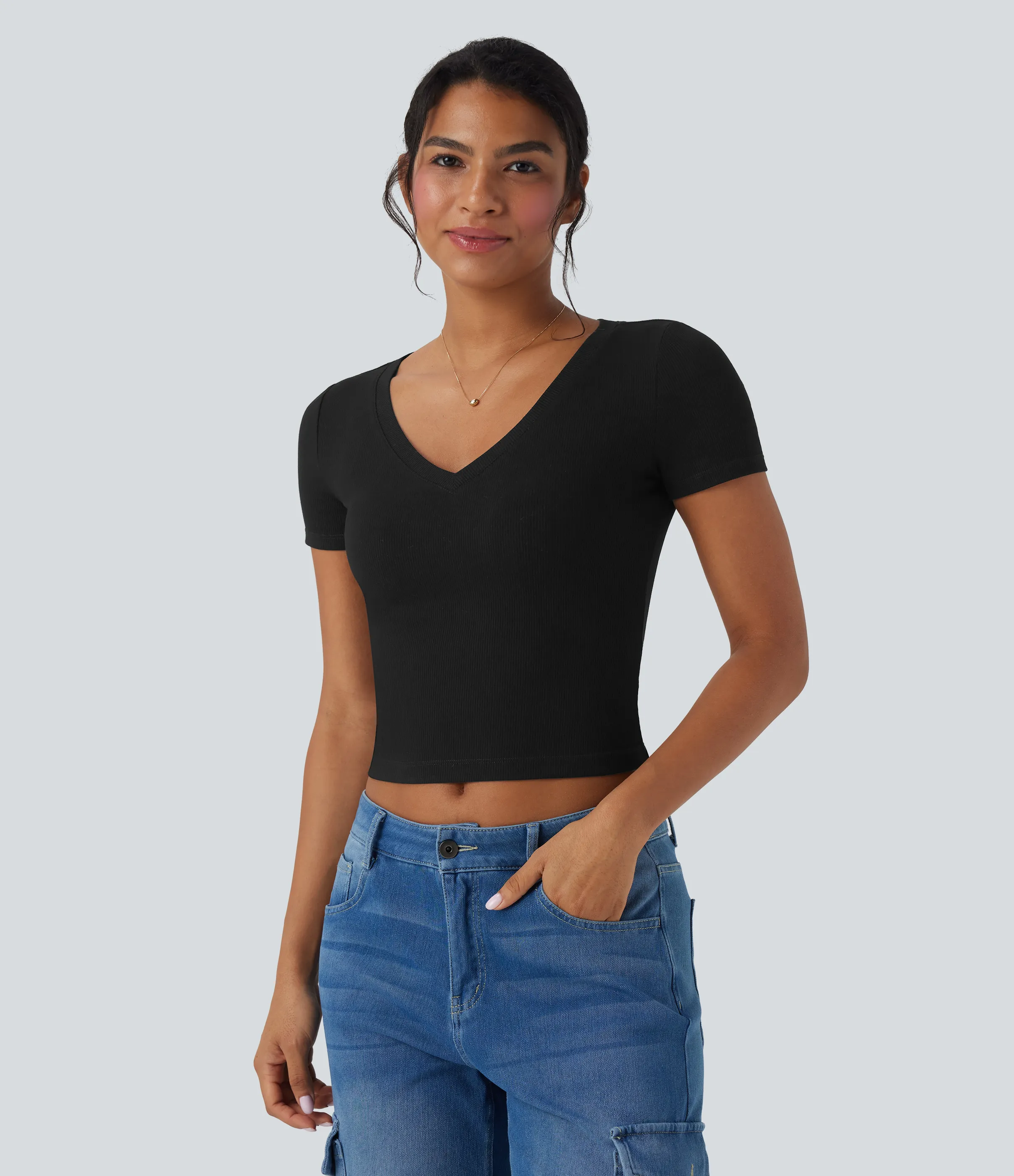 Halara Camiseta de oficina corta de manga corta con cuello en V y punto acanalado - Black - L sold by Halara