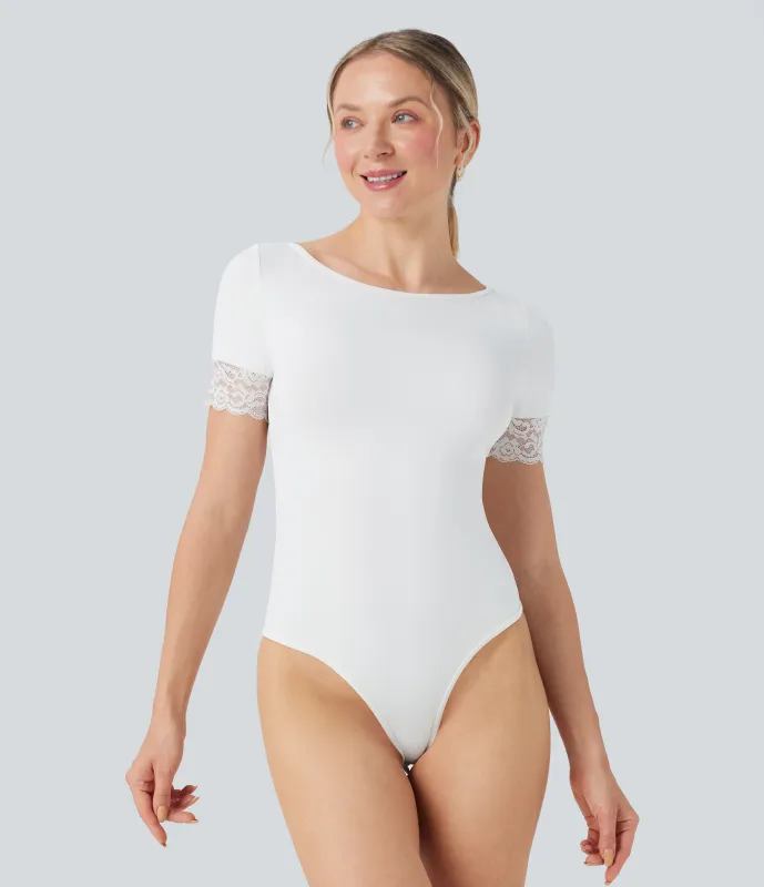 Halara Body de oficina con cuello barco de manga corta y encaje en contraste - White - S sold by Halara