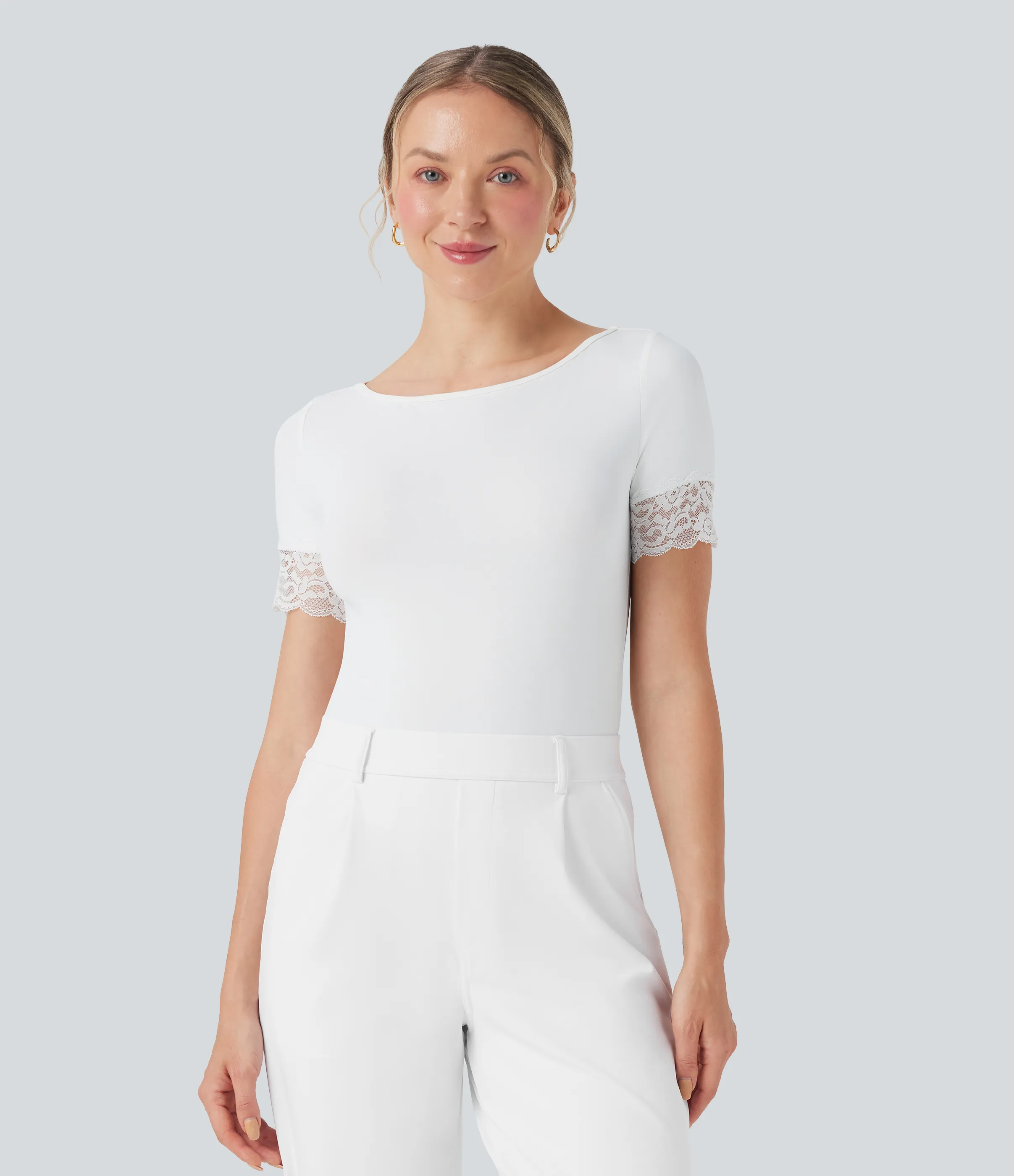 Halara Body de oficina con cuello barco de manga corta y encaje en contraste - White - S sold by Halara product image thumbnail 3