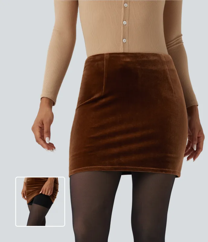 Halara Minifalda ajustada de terciopelo 2 en 1 de tiro alto - Patina Brown - L(regular) sold by Halara