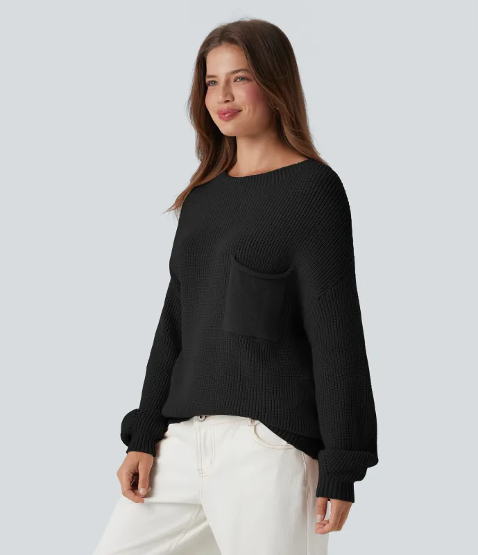 Halara Suéter casual de manga larga con hombros caídos y bolsillo - Black - S sold by Halara