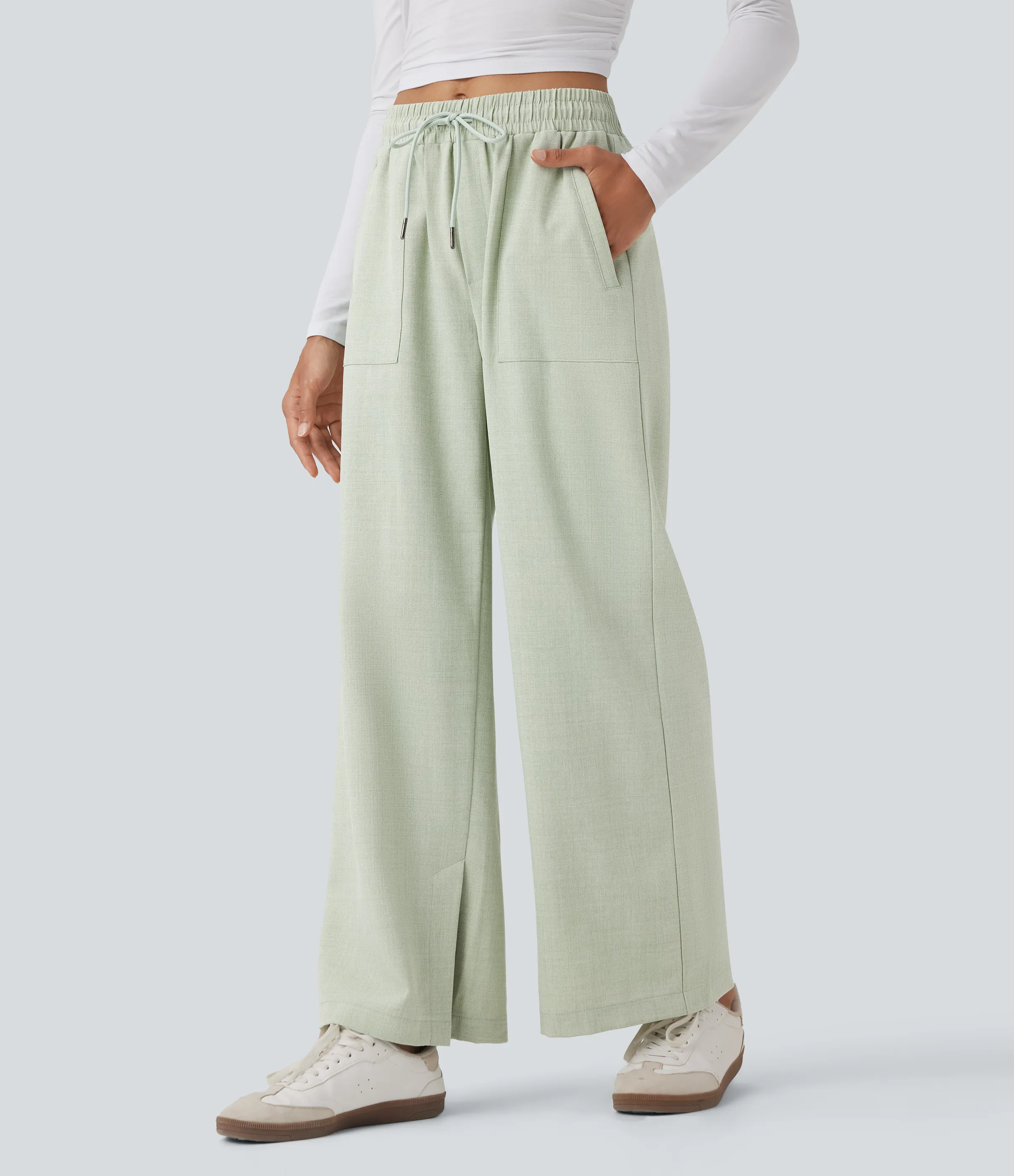 Halara Pantalones casuales anchos de tiro medio con cordón y bolsillos - Green Tint - XS(regular) sold by Halara product image thumbnail 2