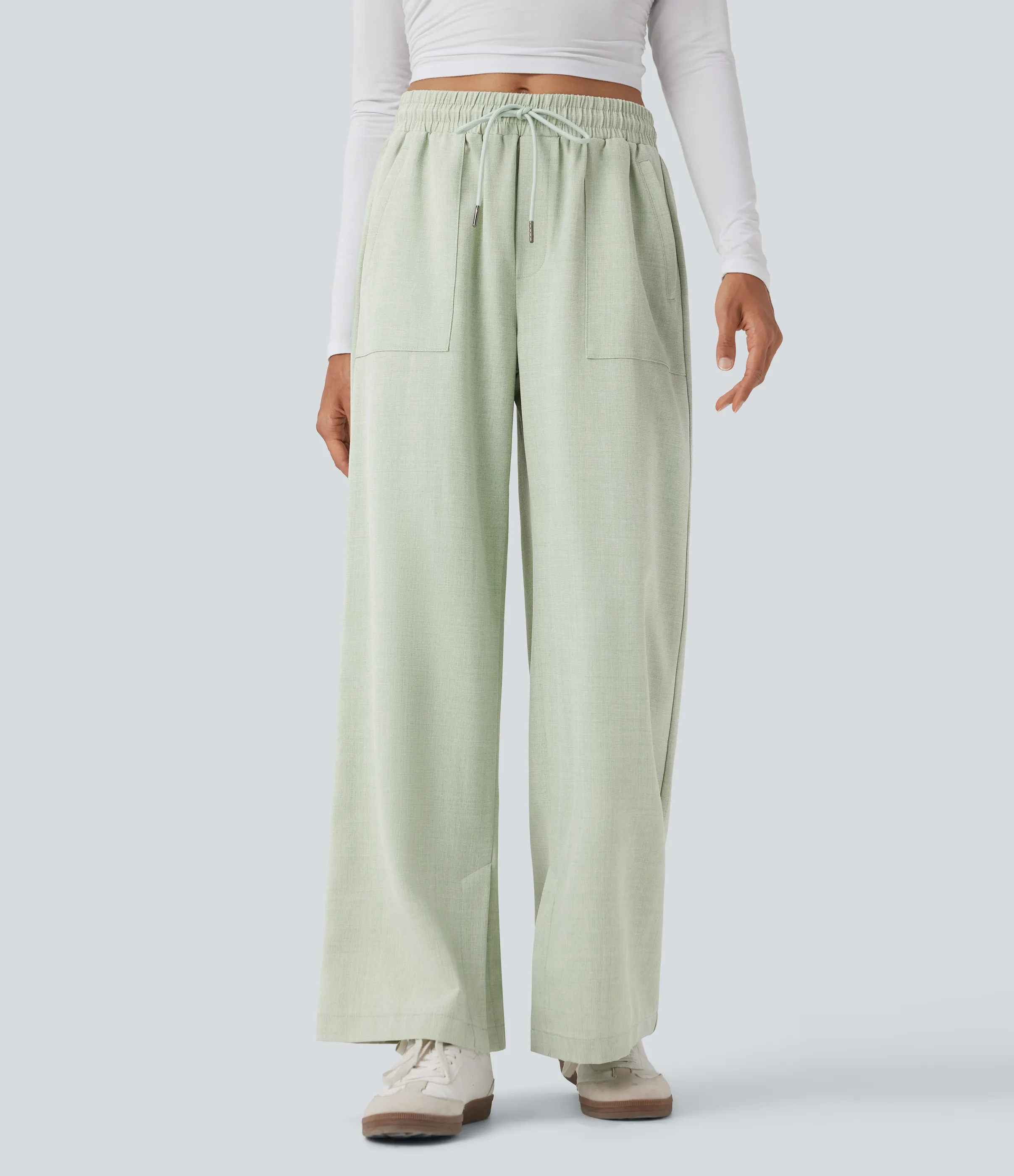 Halara Pantalones casuales anchos de tiro medio con cordón y bolsillos - Green Tint - XS(regular) sold by Halara product image thumbnail 4