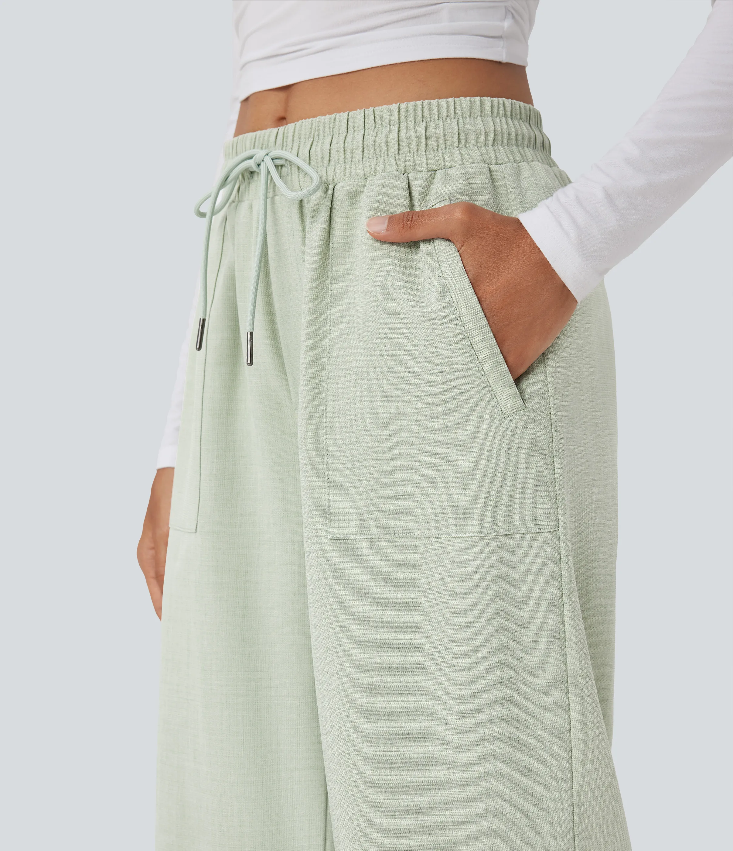 Halara Pantalones casuales anchos de tiro medio con cordón y bolsillos - Green Tint - XS(regular) sold by Halara product image thumbnail 5