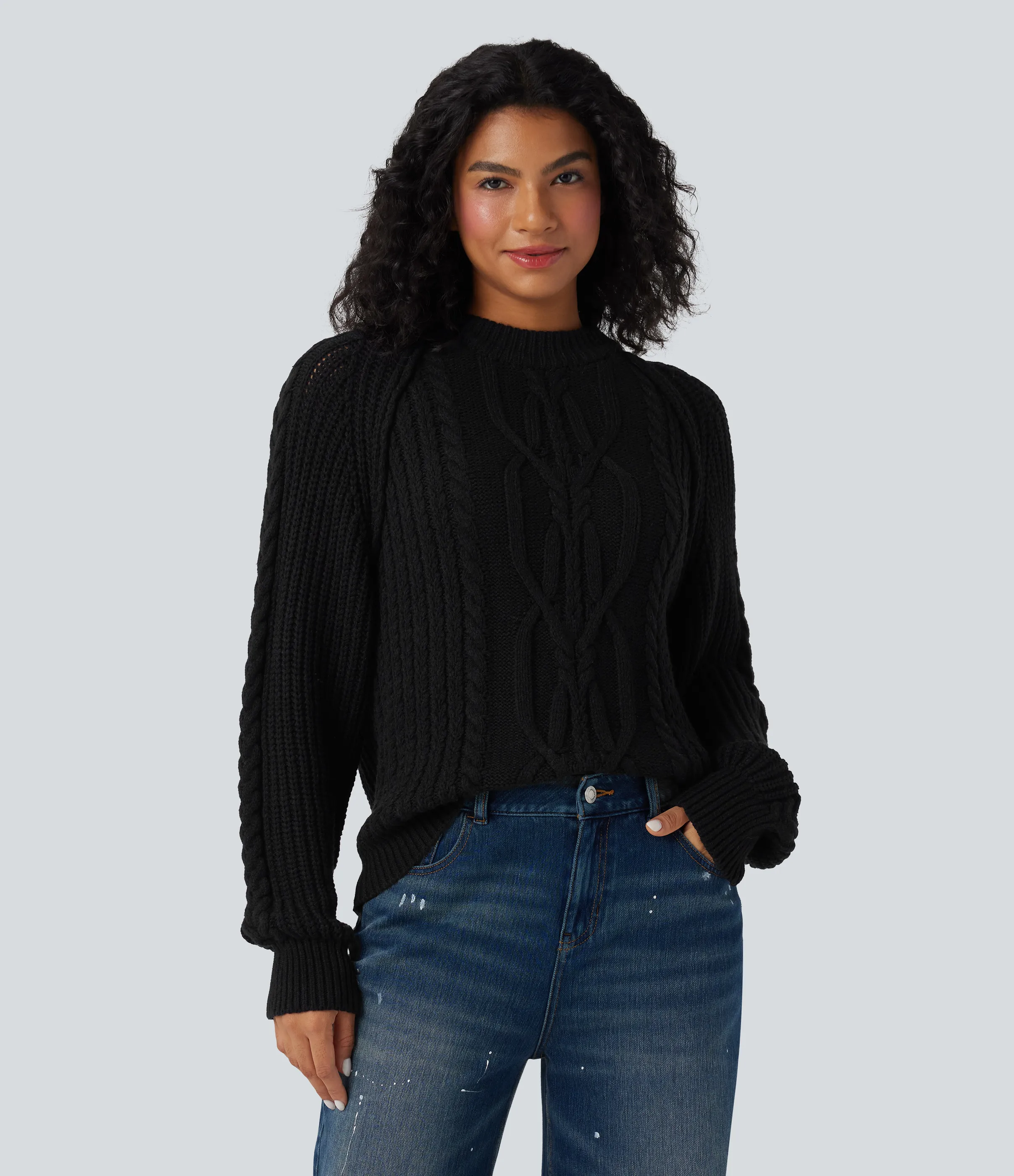 Halara Suéter casual de punto trenzado holgado con cuello redondo y manga larga raglán - Black - S sold by Halara