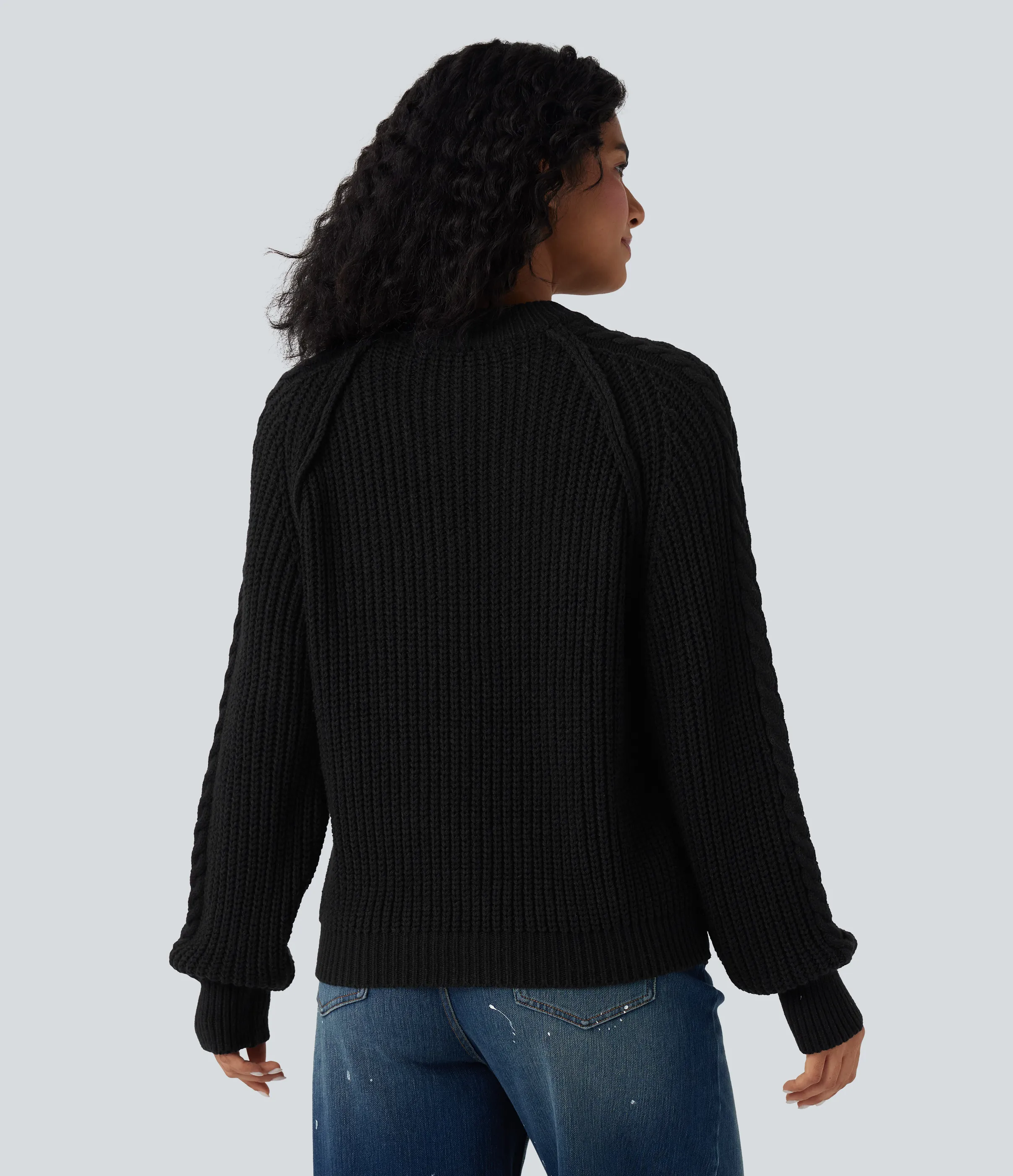 Halara Suéter casual de punto trenzado holgado con cuello redondo y manga larga raglán - Black - S sold by Halara product image thumbnail 3