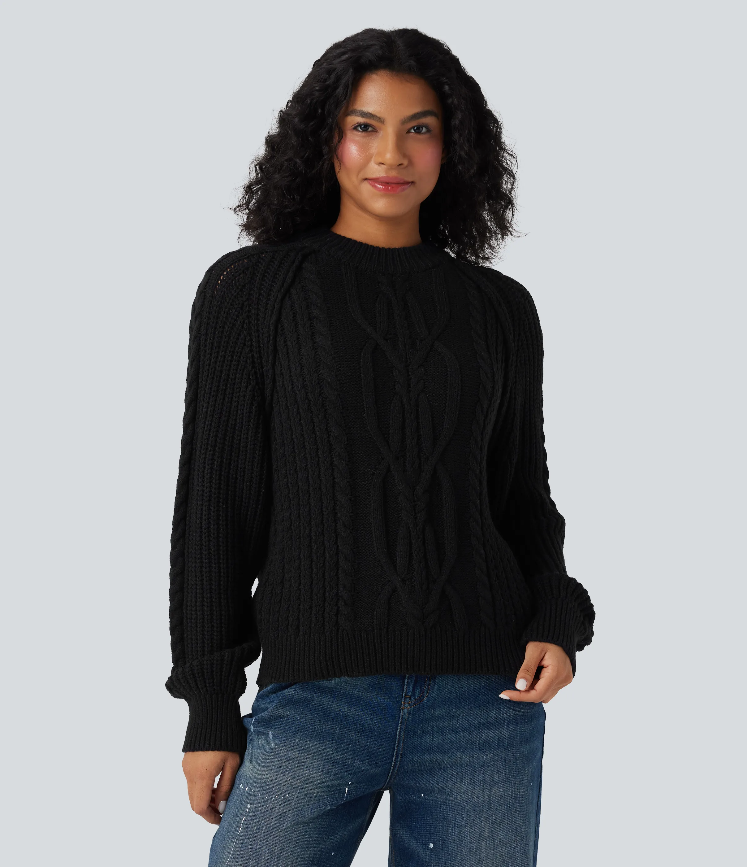 Halara Suéter casual de punto trenzado holgado con cuello redondo y manga larga raglán - Black - S sold by Halara product image thumbnail 4