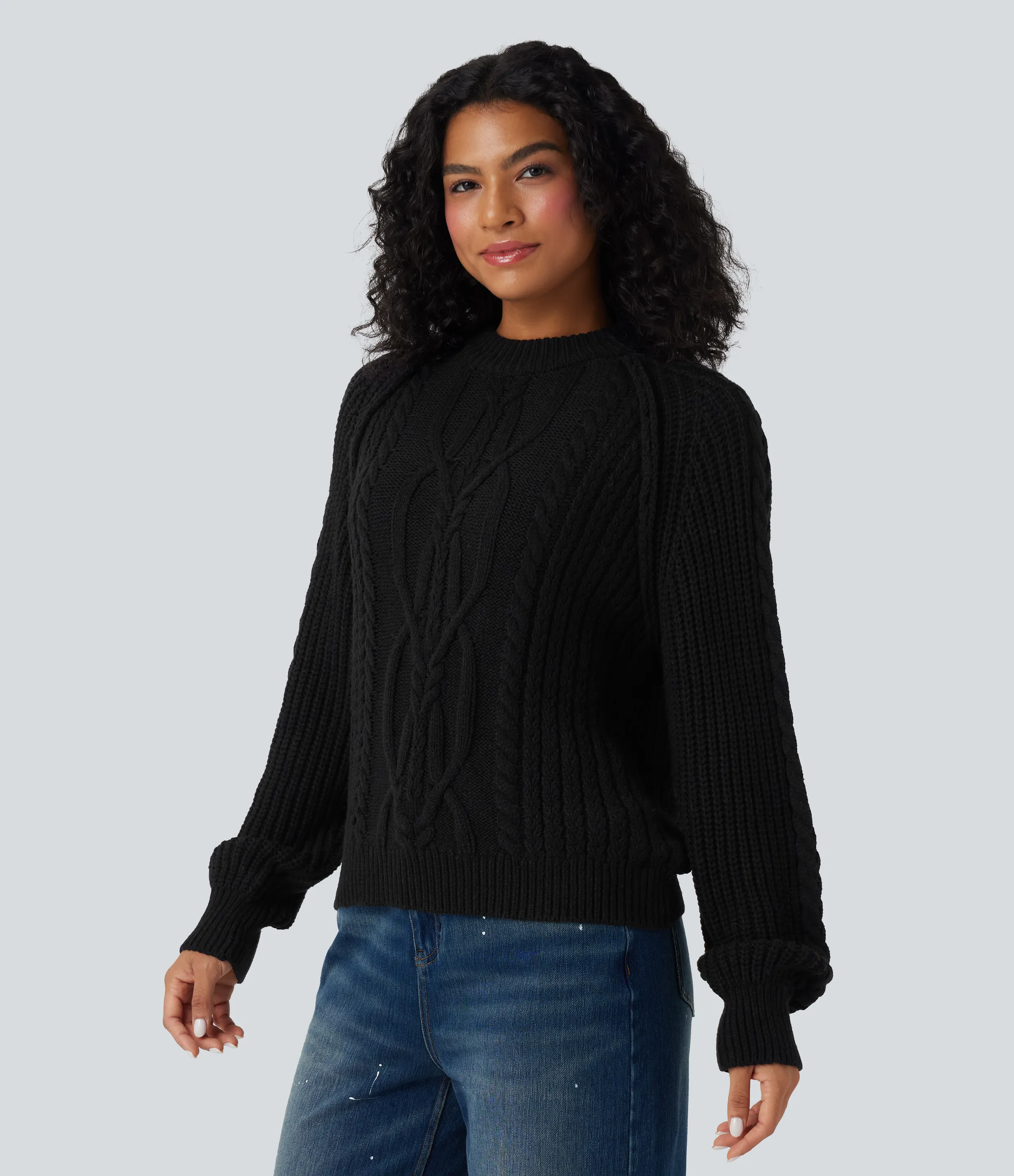 Halara Suéter casual de punto trenzado holgado con cuello redondo y manga larga raglán - Black - S sold by Halara product image thumbnail 5