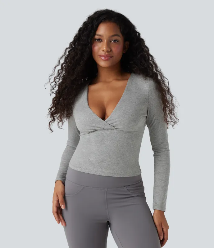Halara Top casual de manga larga con escote en V profundo - Fog Gray - M sold by Halara
