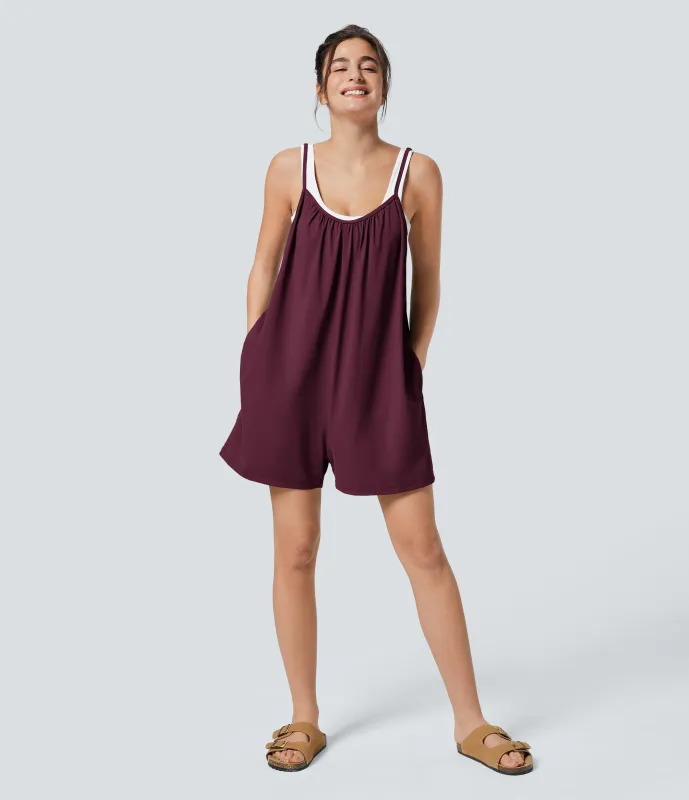 Halara Mono pierna ancha liso bolsillo lateral plisado correa ajustable espagueti - Dark Crimson - XS(regular) sold by Halara