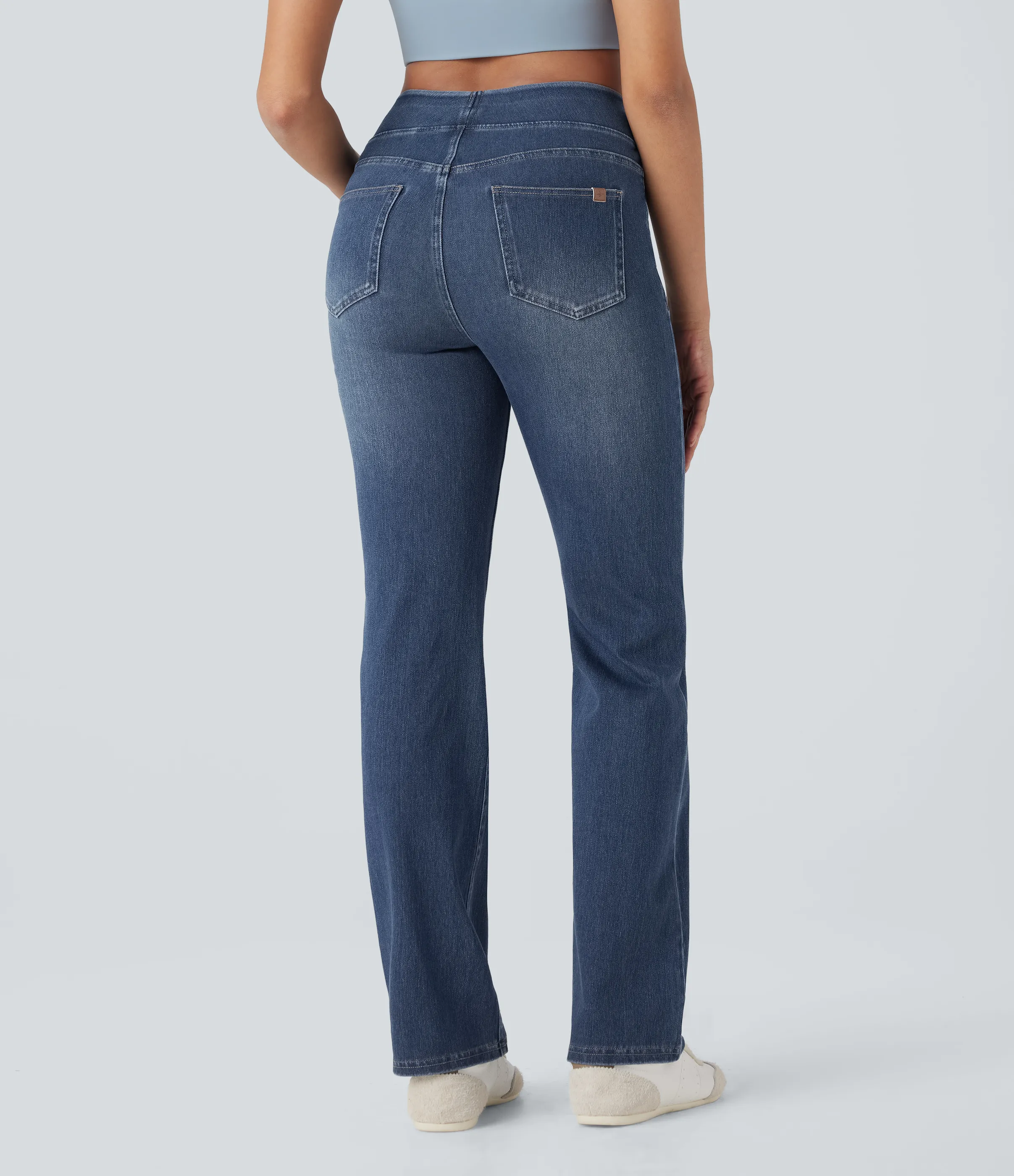 Halara Jeans Halara Flex™ Denim elástico corte acampanado tipo lavado tiro alto efecto moldeador abdomen bolsillo - Paint Blue Denim - XS(petite) sold by Halara product image thumbnail 3