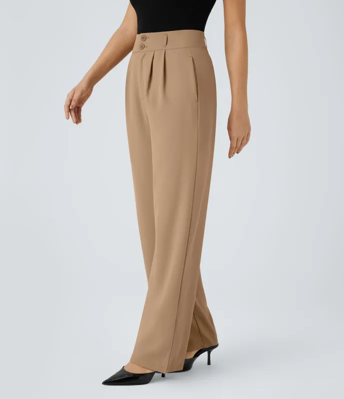 Halara Pantalón oficina tiro alto botón cremallera bolsillo lateral fruncido pierna recta - Cartouche - L(tall) sold by Halara