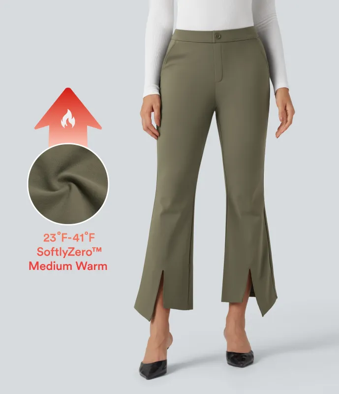 Halara Pantalones de oficina SoftlyZero™ afelpado térmico de tiro alto de 7/8 con abertura y bolsillos - Deep Sage - L(regular) sold by Halara