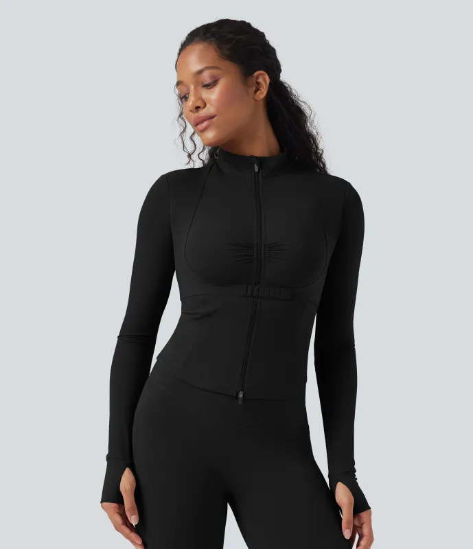 Halara Chamarra de yoga Halara UltraSculpt™ con fruncido y manga larga con abertura para el pulgar - Black - XL sold by Halara