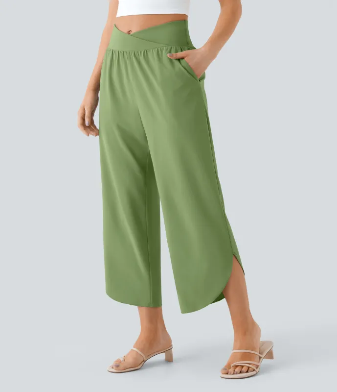 Halara Pantalón Breezeful™ Resort secado rápido abertura bolsillo lateral plisado cruzado tiro alto - Hot Wasabi - Green - XS(petite) sold by Halara