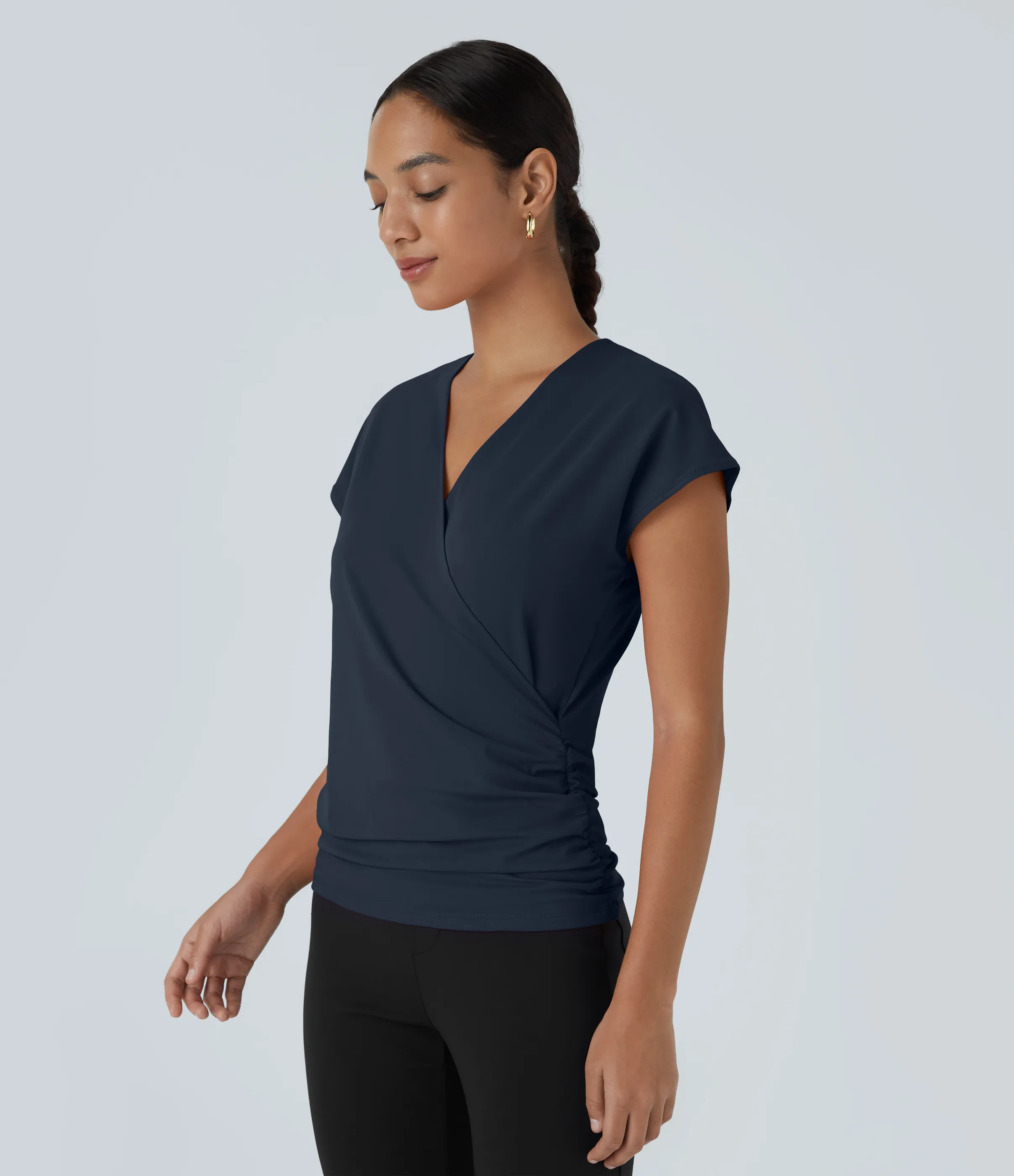 Halara Blusa oficina sólida pliegue cruzado manga japonesa cuello V - Dark Sapphire - XL sold by Halara product image thumbnail 4