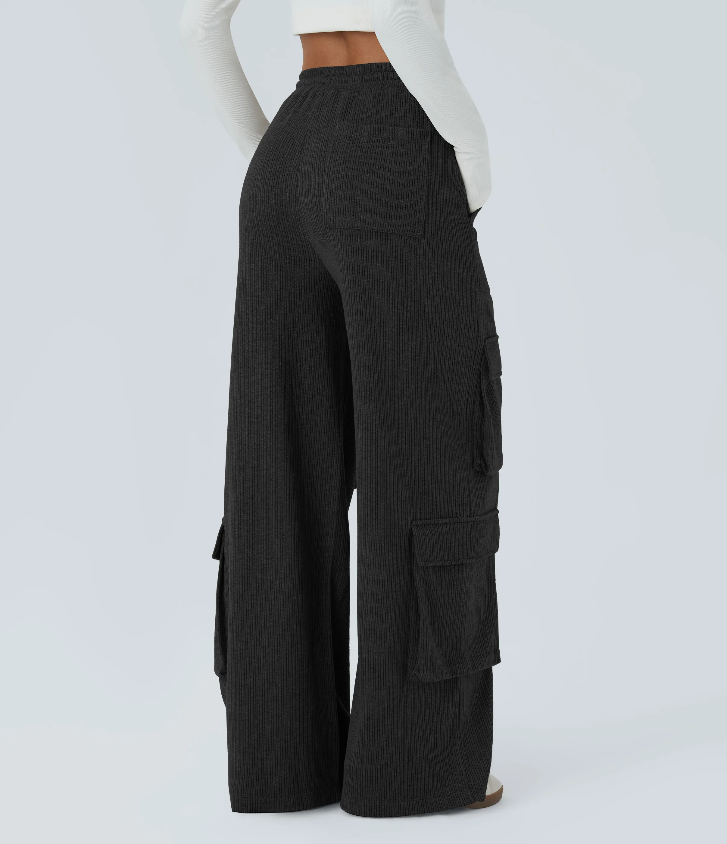 Halara Pantalón cargo tiro medio canalé cordón ajustable múltiple bolsillo pierna ancha - Black - XS(regular) sold by Halara product image thumbnail 3