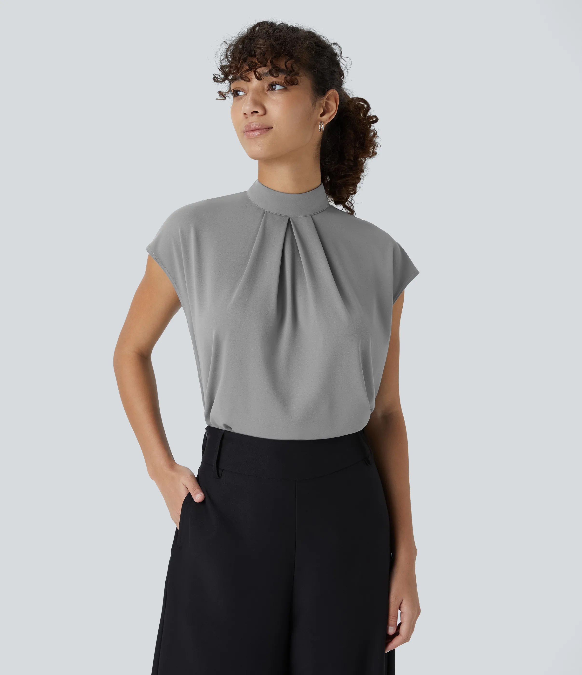 Halara Blusa oficina manga japonesa botón plisado cuello alto - Ultimate Gray - M sold by Halara product image thumbnail 4