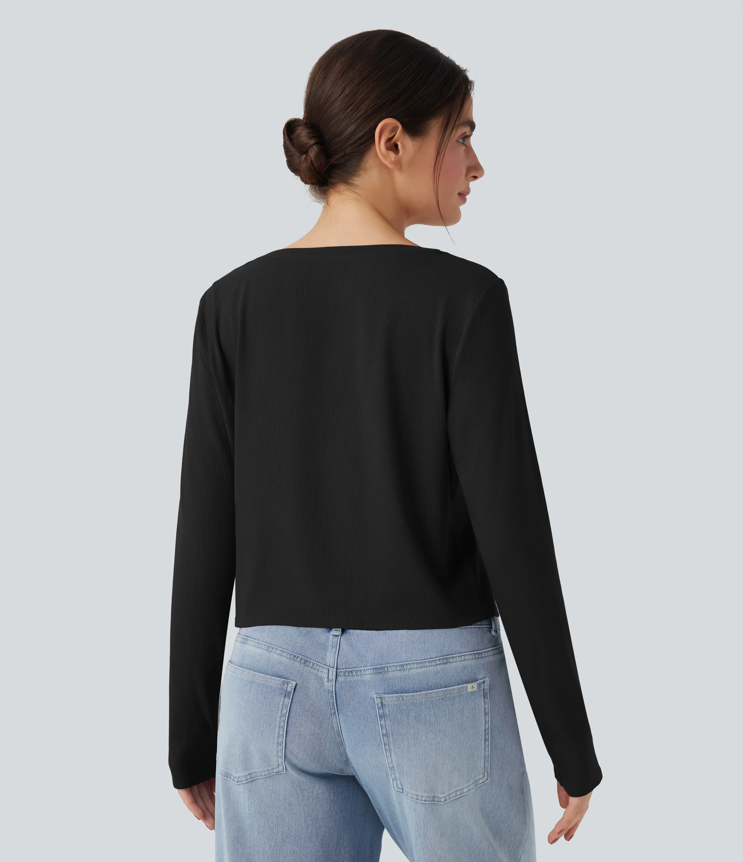 Halara Top casual de manga larga con cuello henley y punto acanalado - Black - S sold by Halara product image thumbnail 3