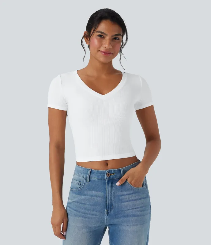 Halara Camiseta de oficina corta de manga corta con cuello en V y punto acanalado - White - XL sold by Halara