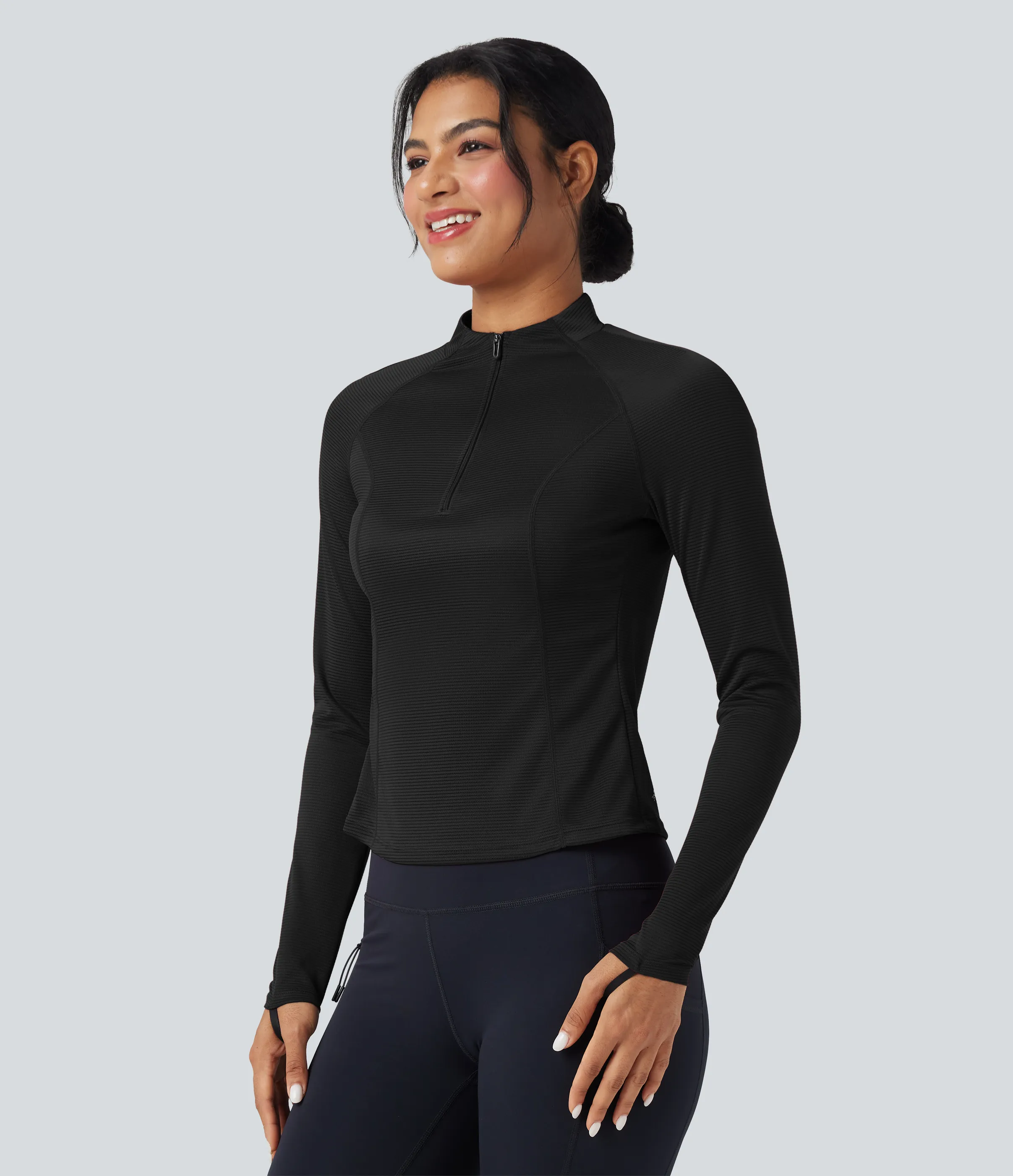 Halara Camiseta deportiva de senderismo de manga larga con secado rápido, abertura para el pulgar y bolsillo - UPF50+ - Black - M sold by Halara product image thumbnail 2