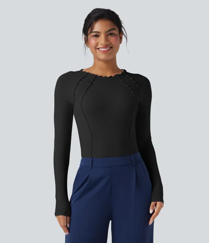 Halara Body de oficina de punto acanalado de manga larga con ribete y cuello redondo - Black - XS sold by Halara