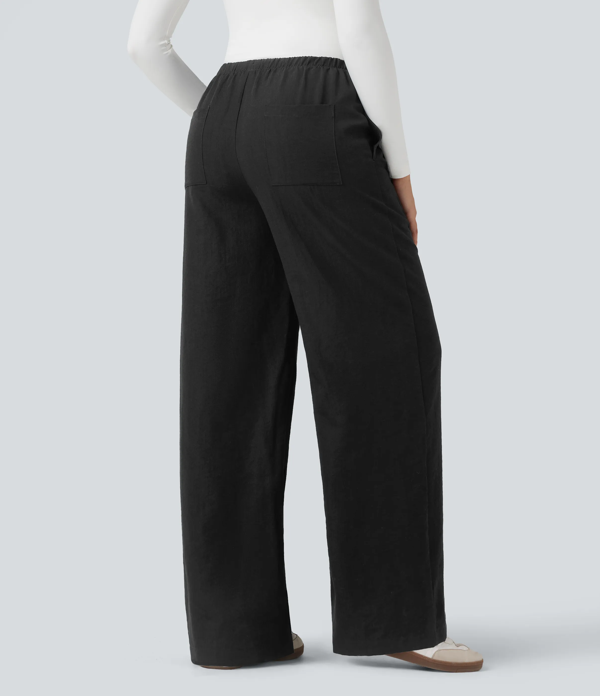 Halara Pantalones casuales anchos de lino resistente a arrugas con tiro alto, cordón ajustable y bolsillos - Black - XS(regular) sold by Halara product image thumbnail 3