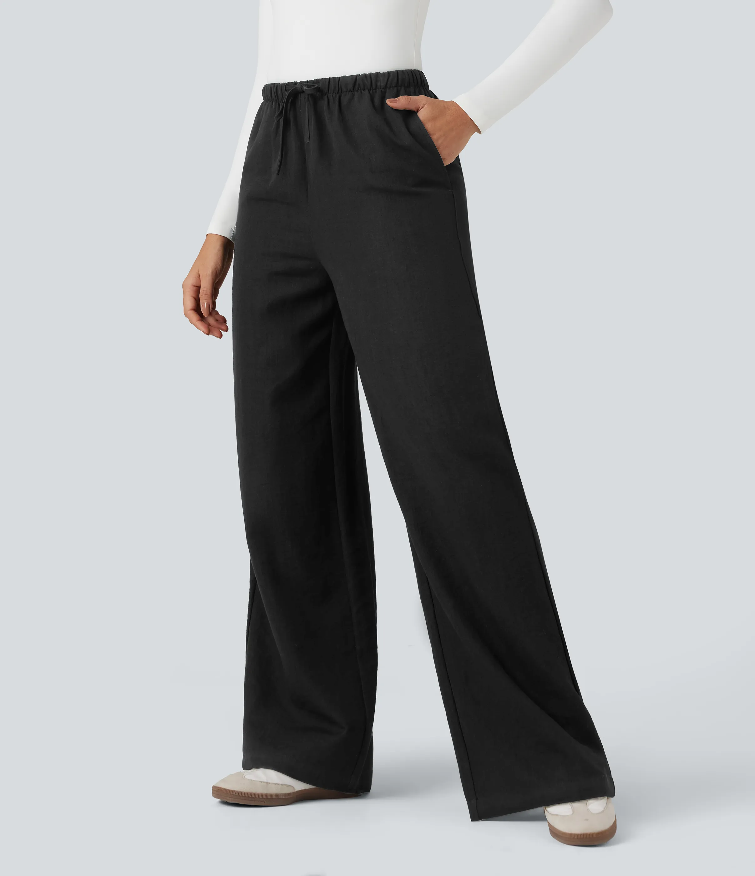 Halara Pantalones casuales anchos de lino resistente a arrugas con tiro alto, cordón ajustable y bolsillos - Black - XS(regular) sold by Halara product image thumbnail 4
