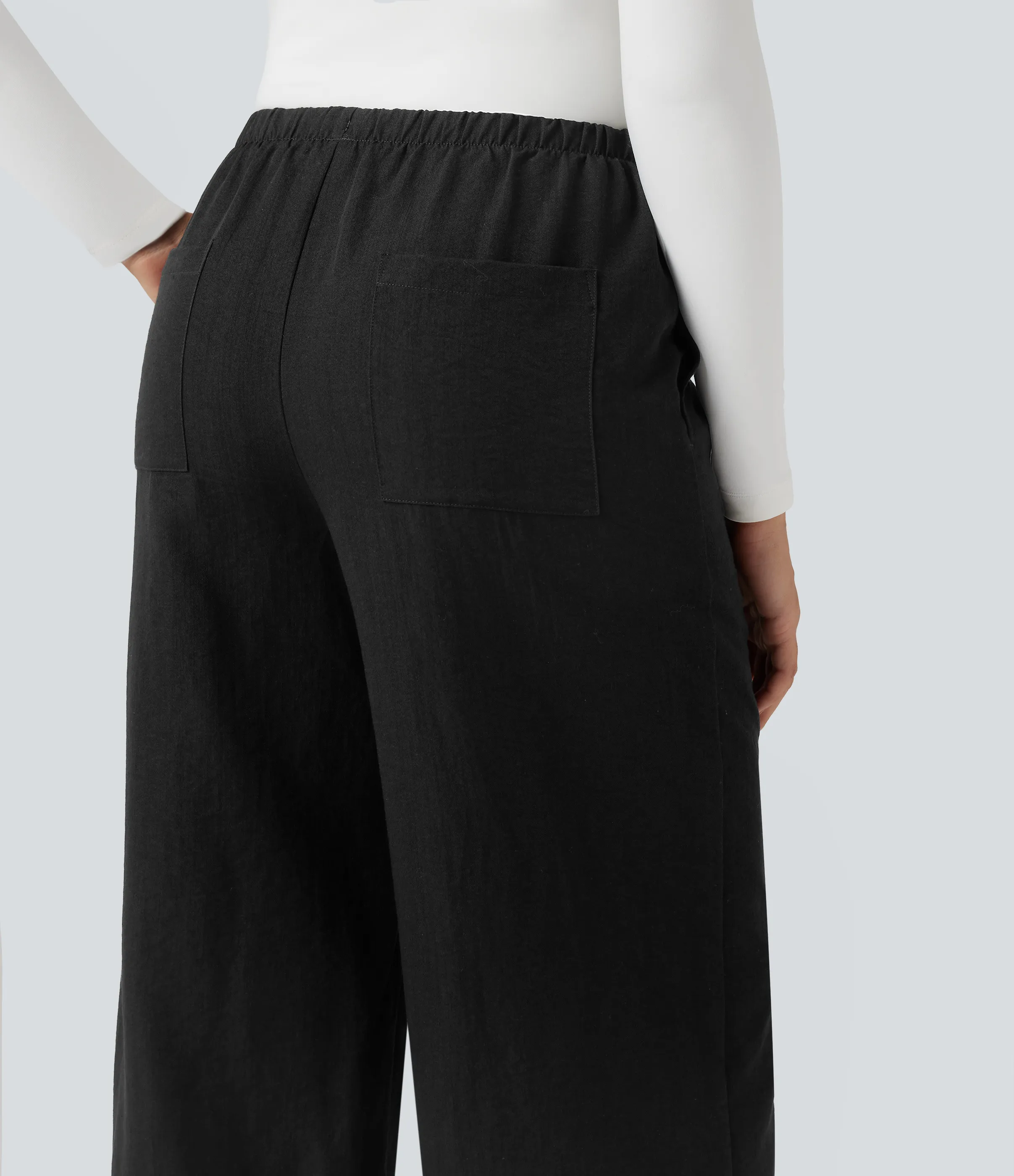 Halara Pantalones casuales anchos de lino resistente a arrugas con tiro alto, cordón ajustable y bolsillos - Black - XS(regular) sold by Halara product image thumbnail 5