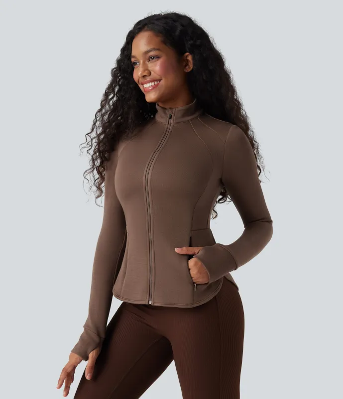 Halara Chamarra deportiva de manga larga de reglán con cuello alto y aberturas para los pulgares - Cocoa Brown - L sold by Halara