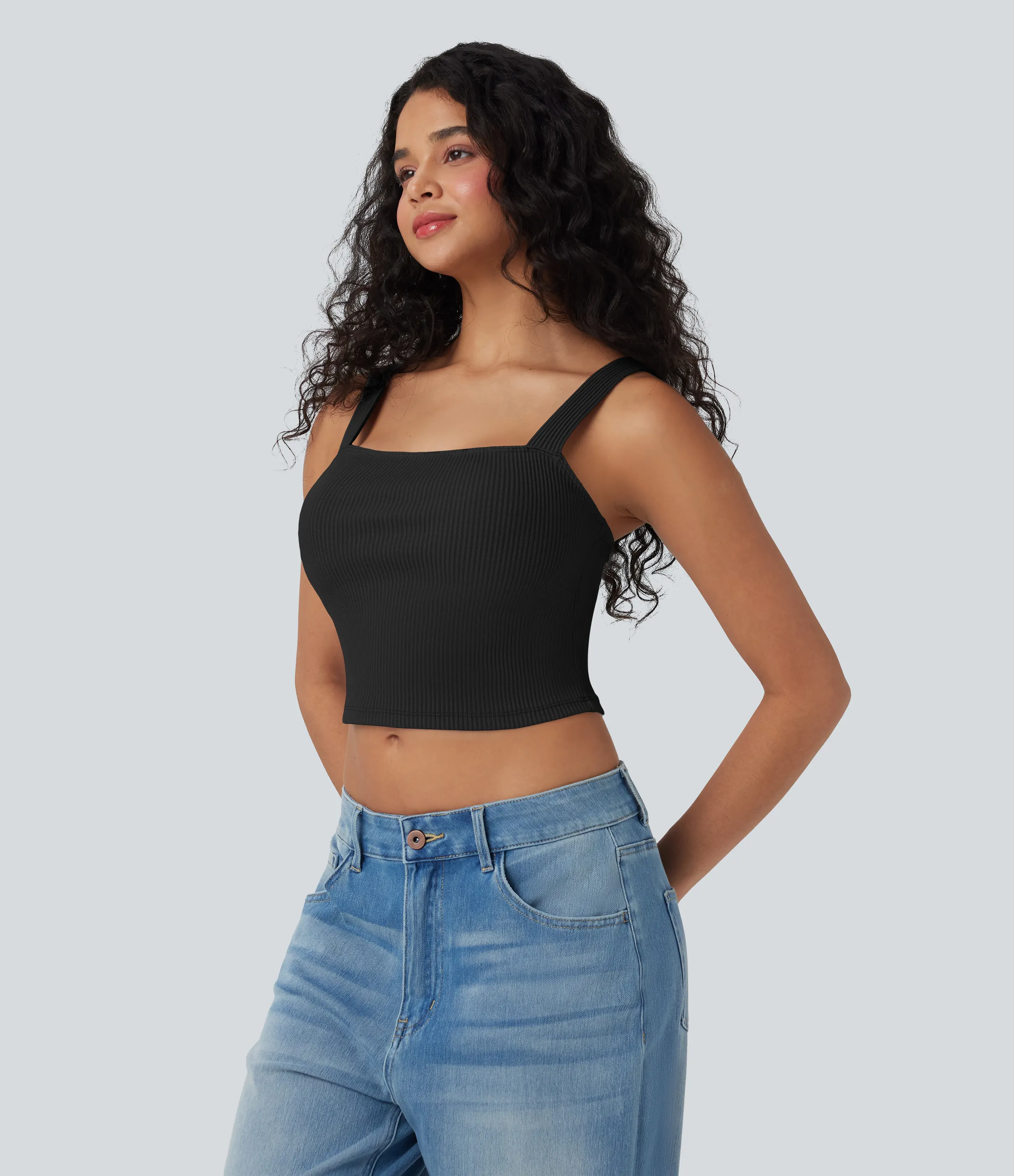 Halara Top corto casual de tirantes con cuello cuadrado y punto acanalado - Black - XL sold by Halara product image thumbnail 4