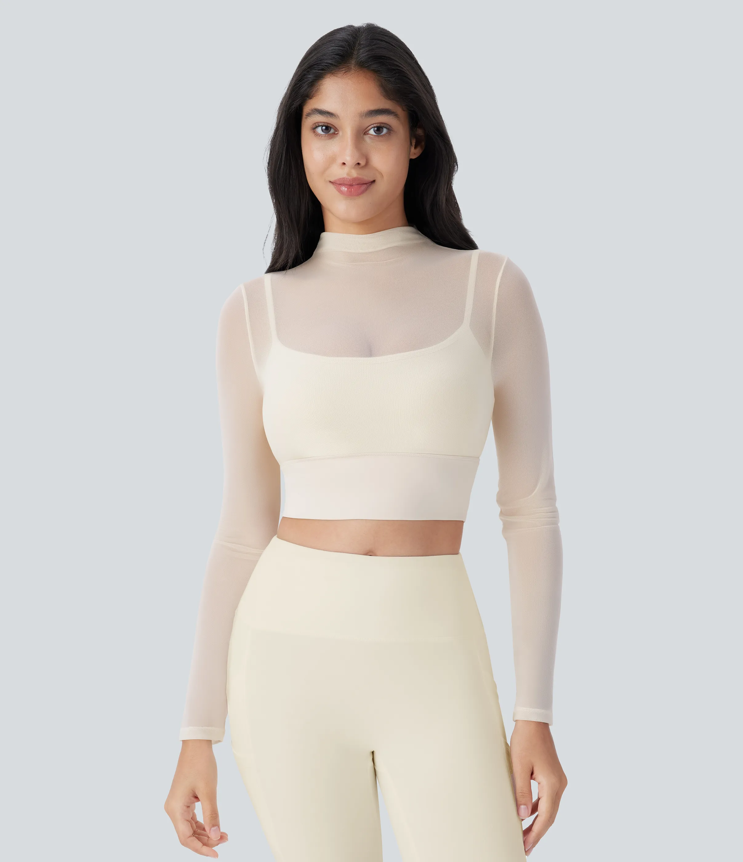 Halara Top deportivo yoga 2 en 1 manga larga malla contrastante - Pearled Ivory - S sold by Halara product image thumbnail 2