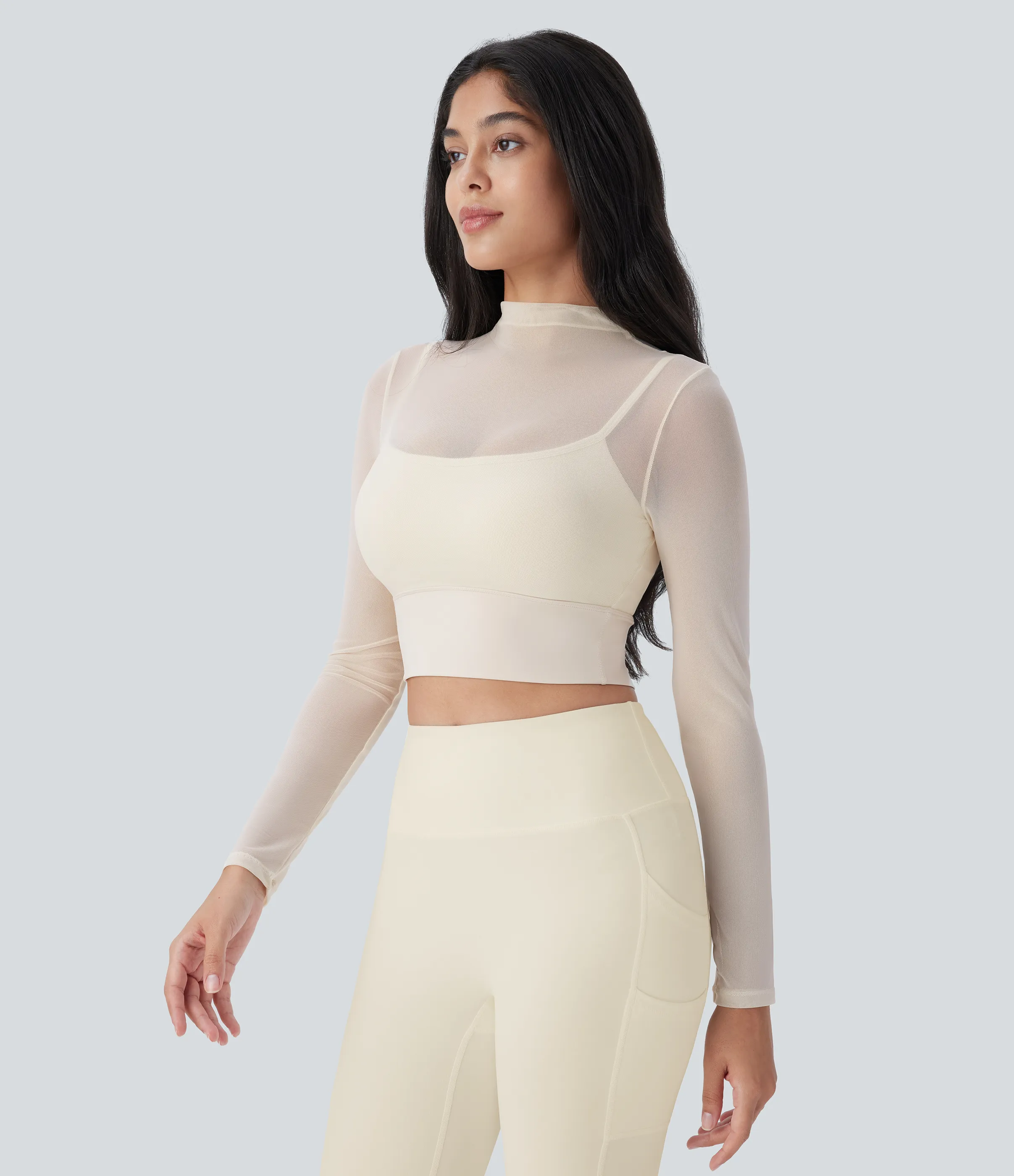 Halara Top deportivo yoga 2 en 1 manga larga malla contrastante - Pearled Ivory - S sold by Halara product image thumbnail 4