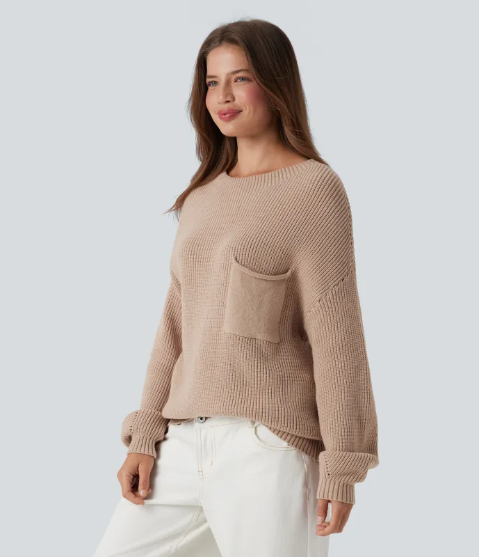 Halara Suéter casual de manga larga con hombros caídos y bolsillo - Rugby Tan - XS sold by Halara