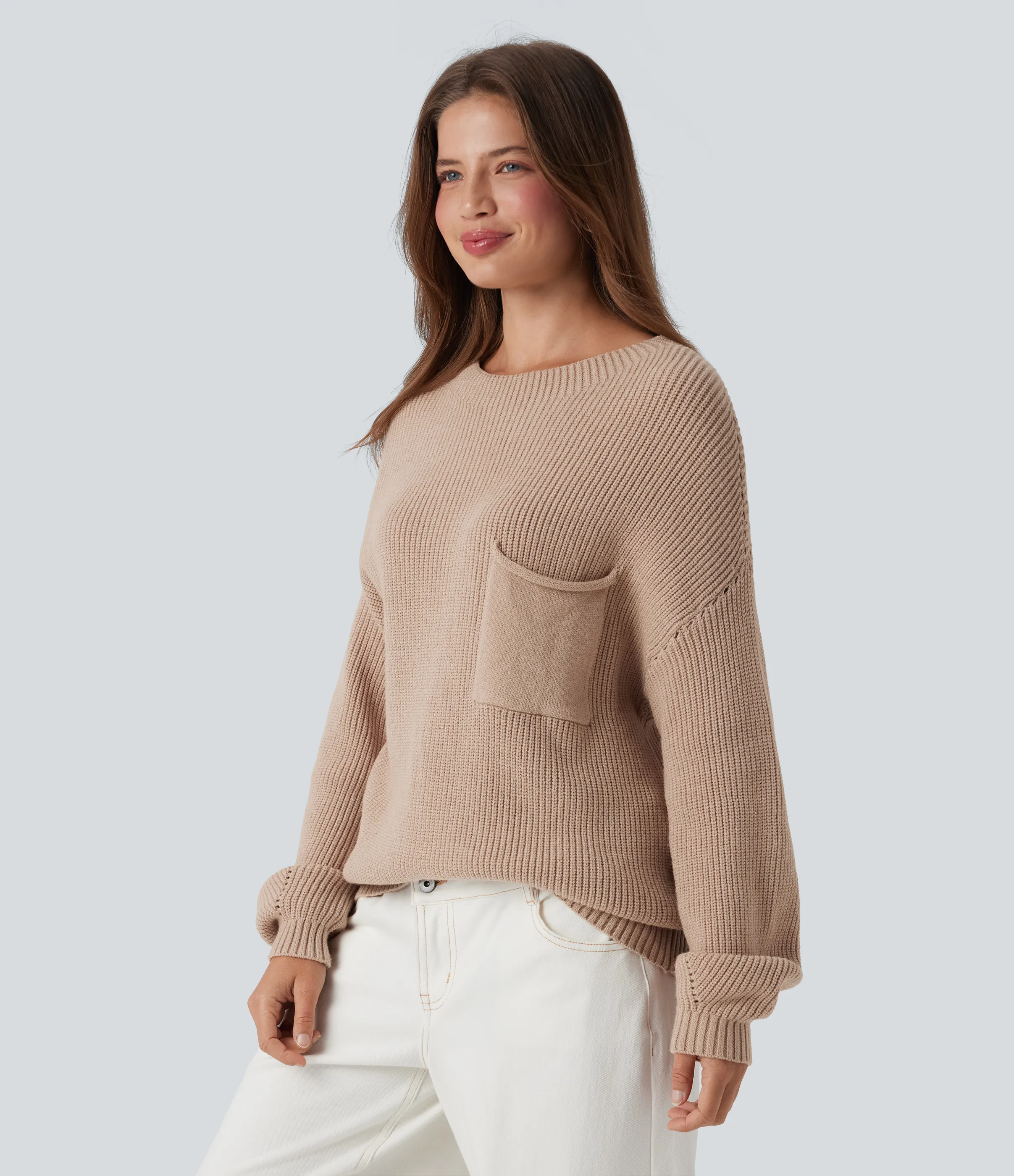 Halara Suéter casual de manga larga con hombros caídos y bolsillo - Rugby Tan - XS sold by Halara product image thumbnail 2