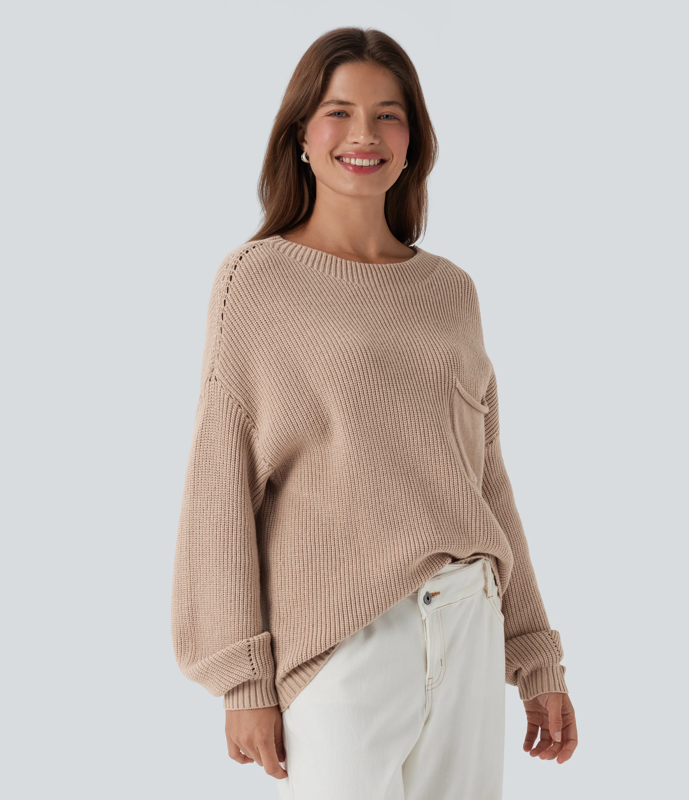 Halara Suéter casual de manga larga con hombros caídos y bolsillo - Rugby Tan - XS sold by Halara product image thumbnail 4