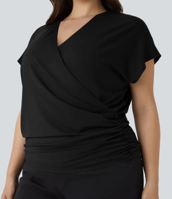 Halara Blusa oficina talla grande cuello V manga casquillo cruzada fruncida sólida - Black - 1X sold by Halara