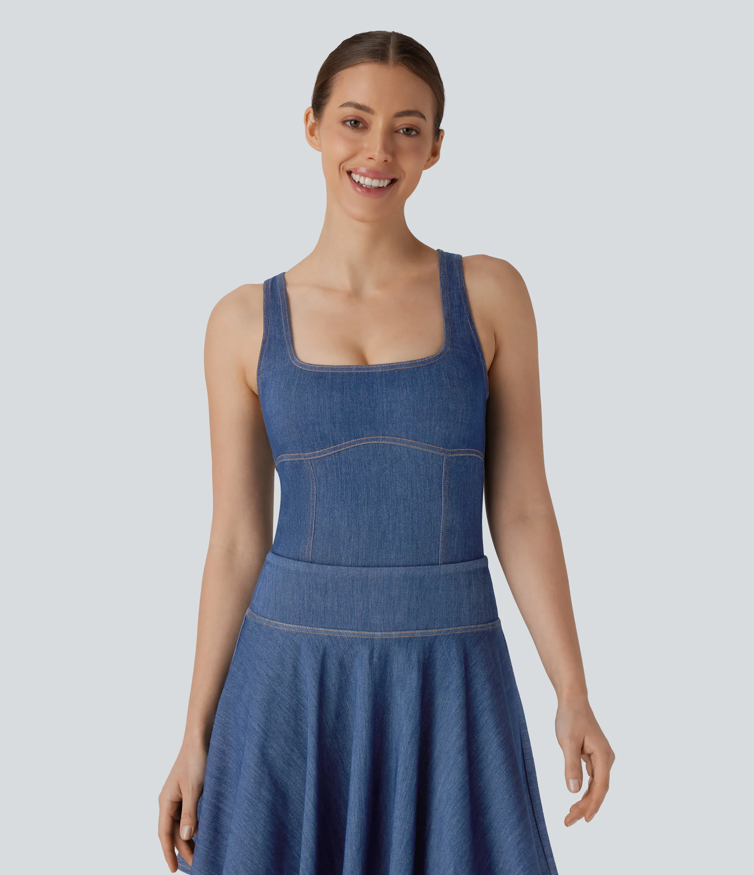 Halara Body Halara Flex™ Denim mezclilla tenis elástica desgastada cuello cuadrado y espalda nadadora con tacto frío - Tide Blue Denim - XS sold by Halara product image thumbnail 3