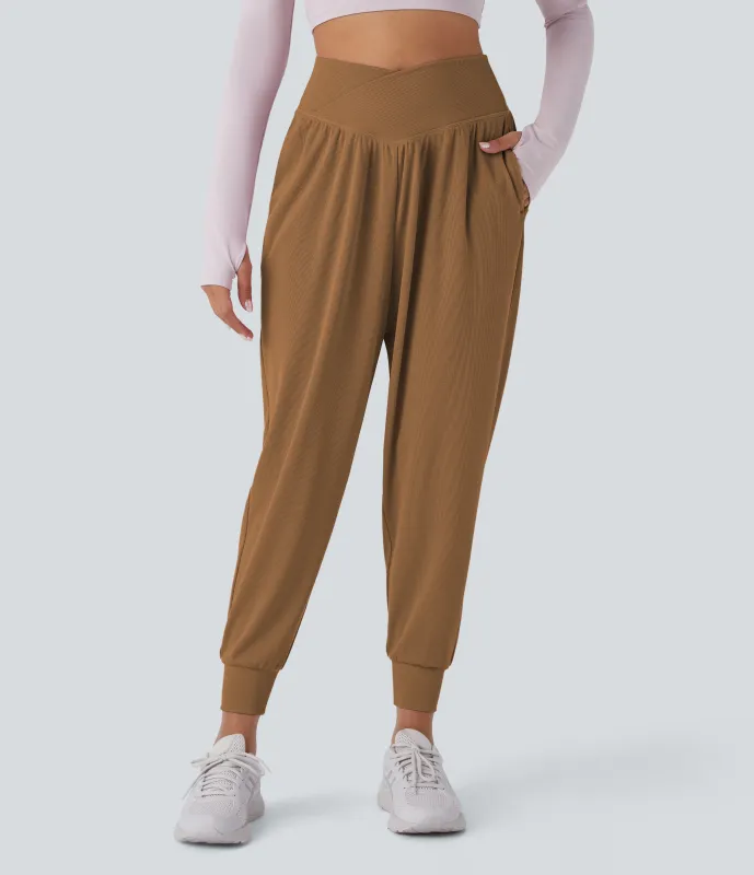 Halara Pantalón yoga tiro alto cruzado pliegue bolsillo lateral - Almond Brown - M(regular) sold by Halara