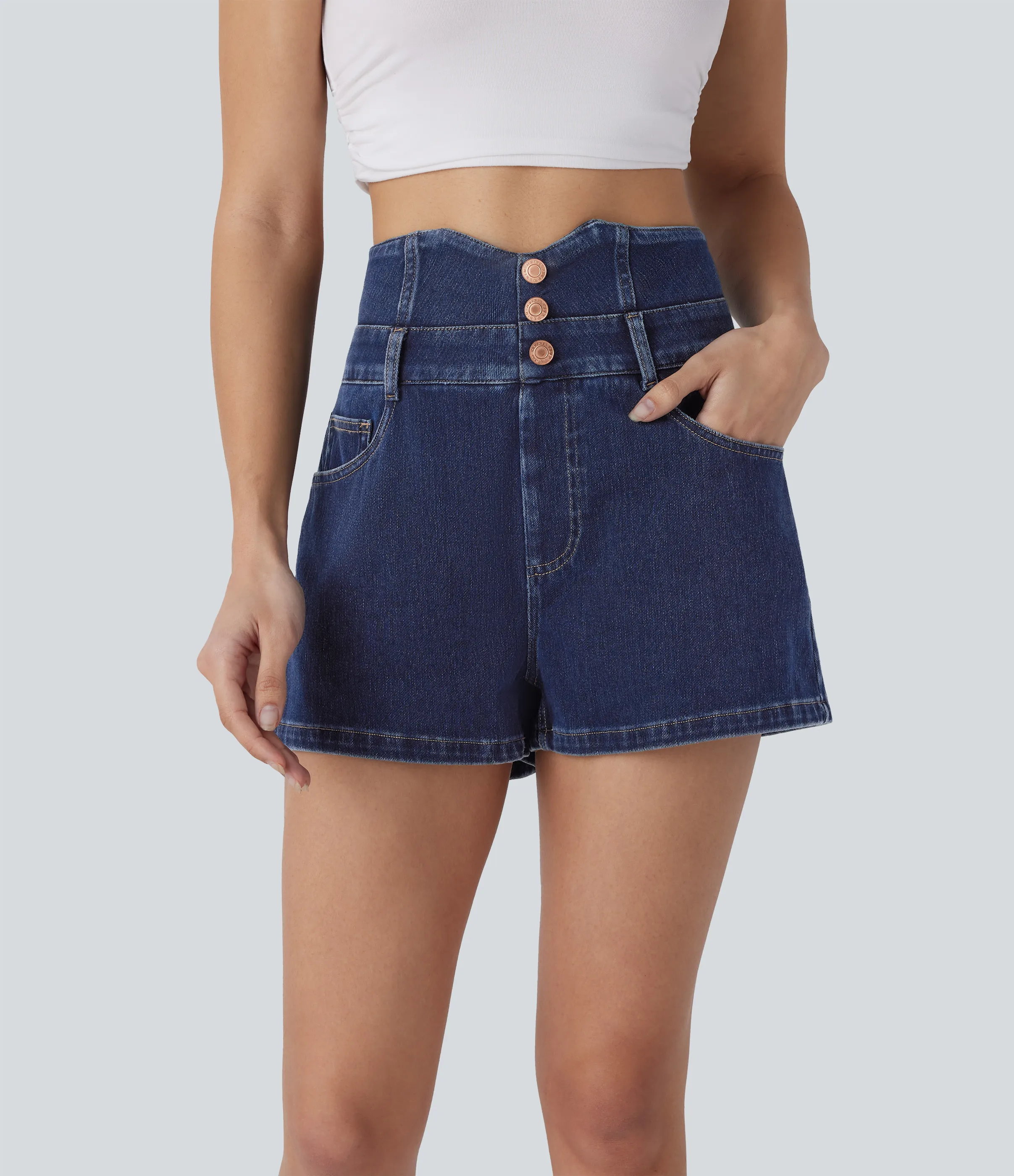 Halara Pantalón corto Halara Flex™ Denim mezclilla elástico botón decorativo tiro alto 6.3cm - Midnight Blue Denim - XS(regular) sold by Halara product image thumbnail 2