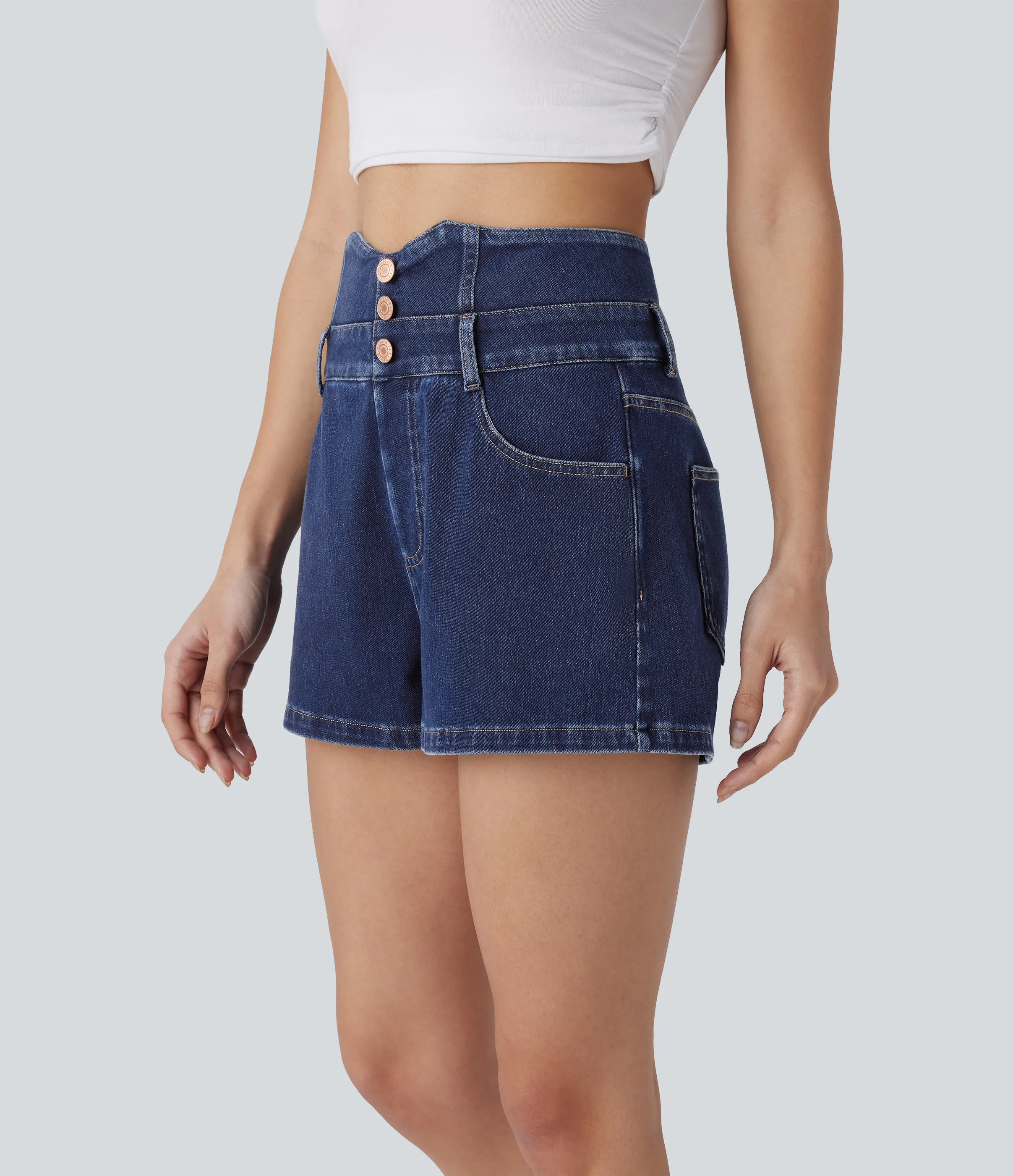 Halara Pantalón corto Halara Flex™ Denim mezclilla elástico botón decorativo tiro alto 6.3cm - Midnight Blue Denim - XS(regular) sold by Halara product image thumbnail 4