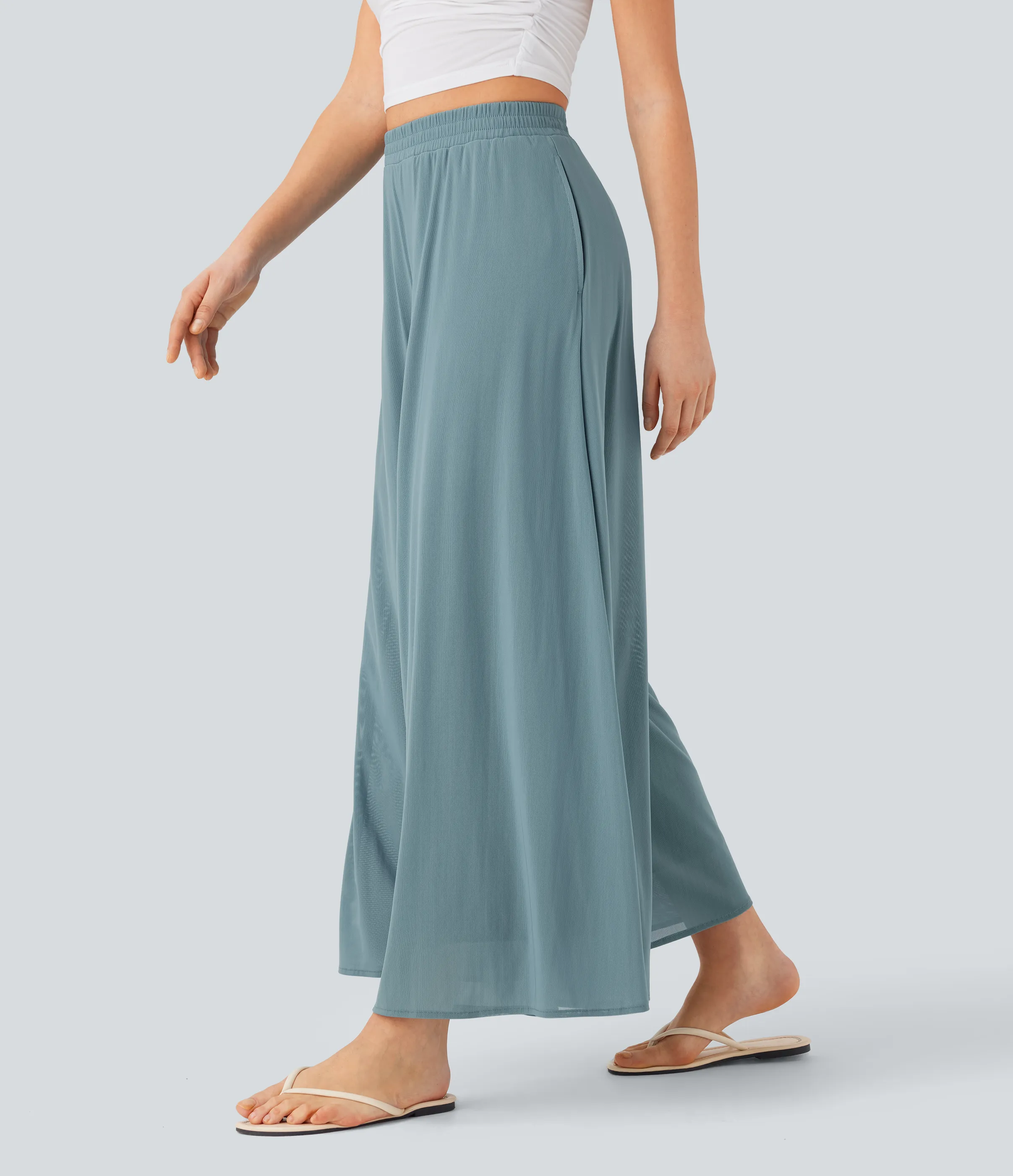 Halara Pantalón pierna ancha superposición malla bolsillo lateral tiro alto - Stone Blue - XS(petite) sold by Halara product image thumbnail 4