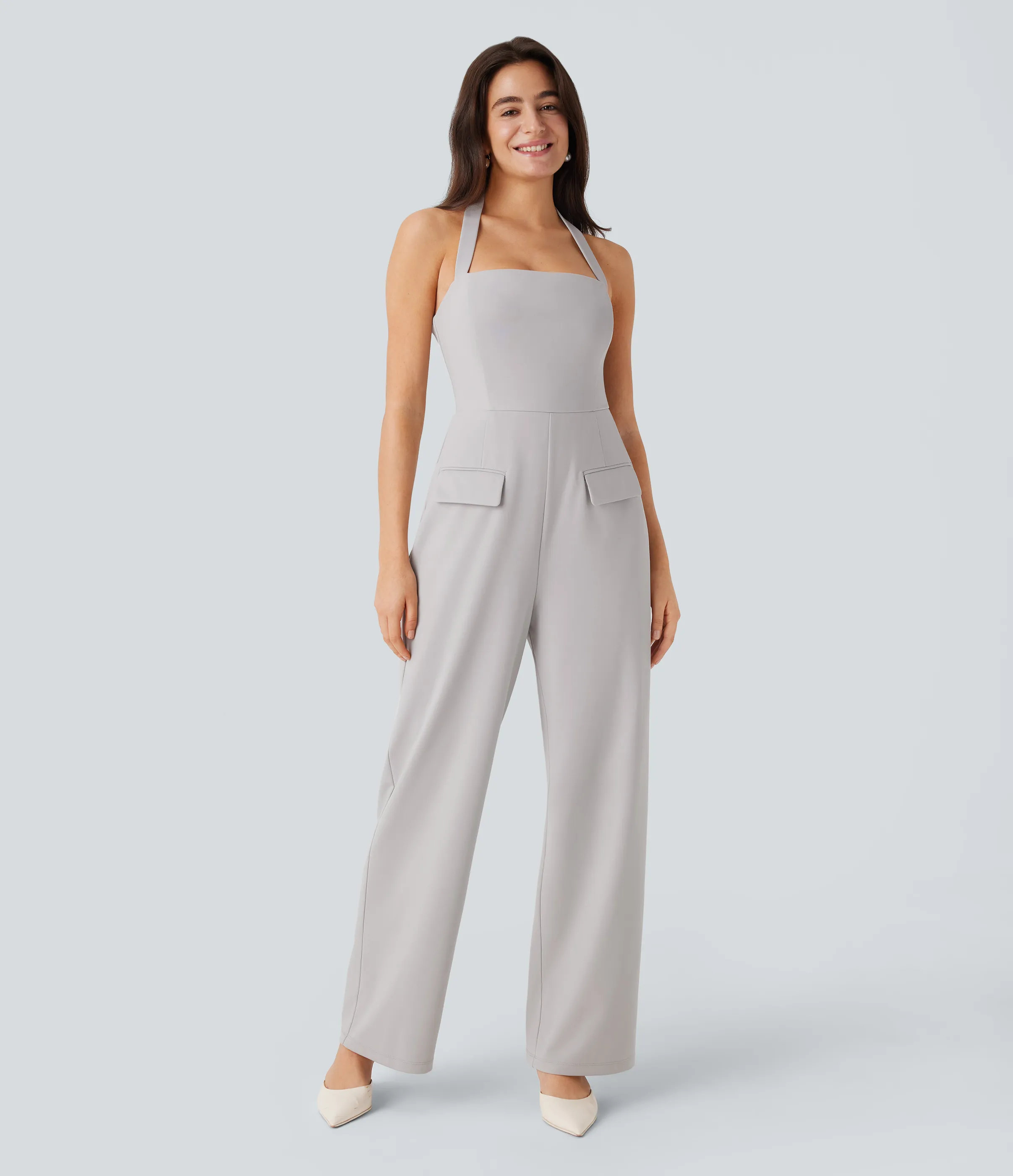 Halara Mono dama honor invitada boda bolsillo solapa sin espalda gancho G ajustable cuello halter - Dawn Blue - XL(regular) sold by Halara product image thumbnail 2