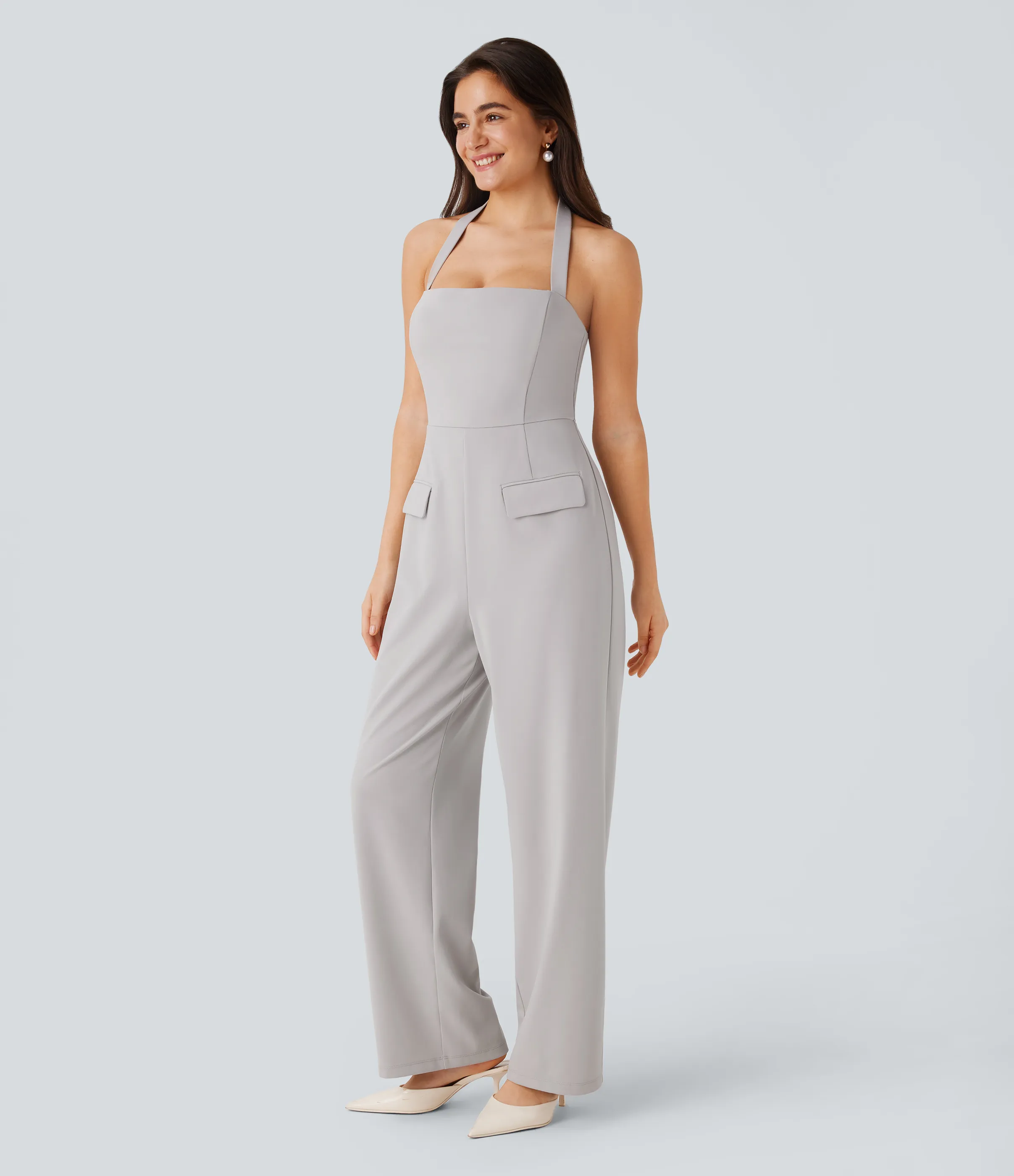 Halara Mono dama honor invitada boda bolsillo solapa sin espalda gancho G ajustable cuello halter - Dawn Blue - XL(regular) sold by Halara product image thumbnail 4