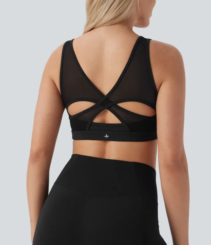 Halara Sujetador Softlyzero™ Plush deportivo yoga malla entrecruzada contrastante sin espalda sujeción baja - Black - L made by Halara