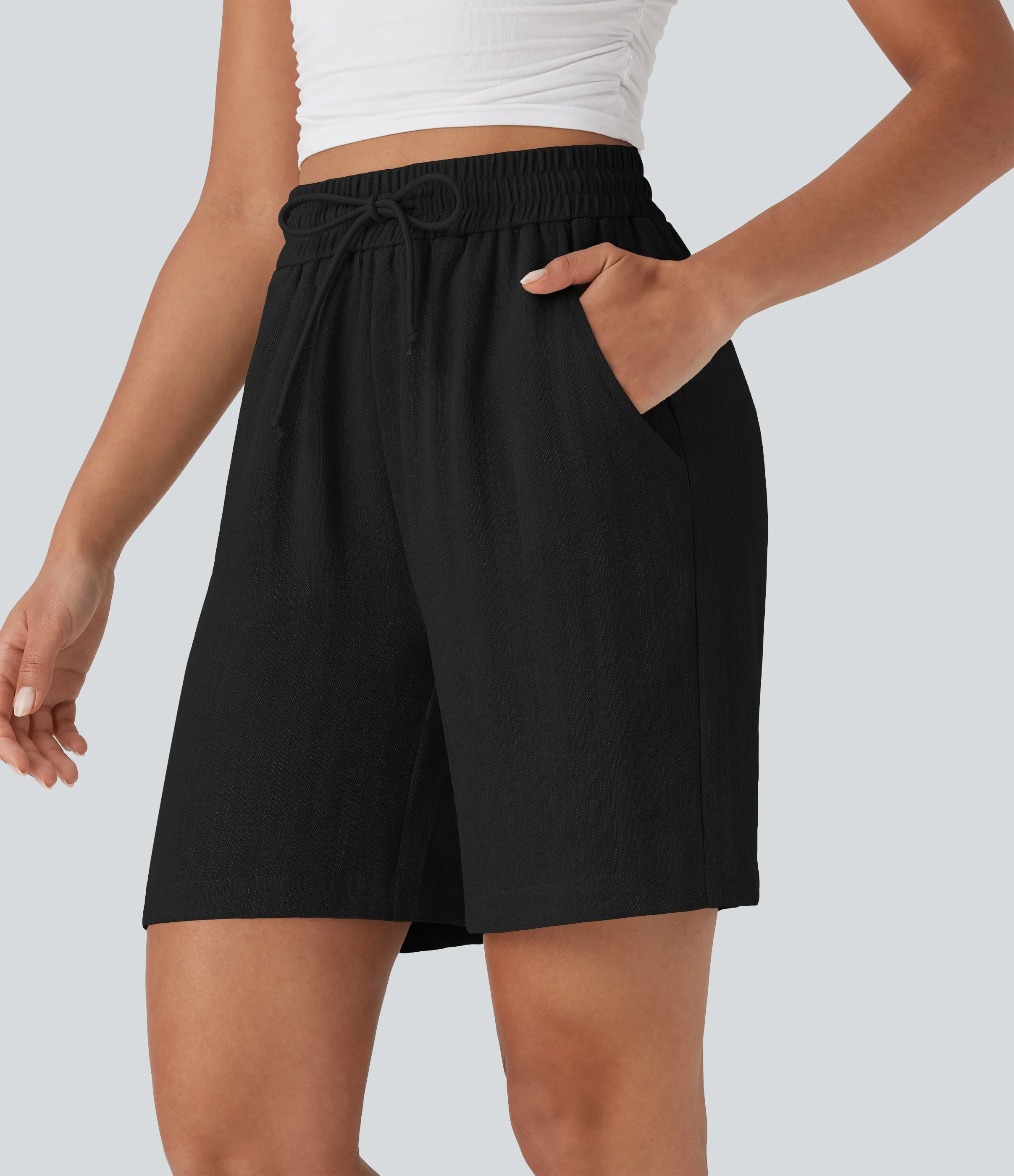 Halara Shorts casuales de lino con tiro alto y cordón ajustable con bolsillos laterales - Black - S sold by Halara product image thumbnail 4