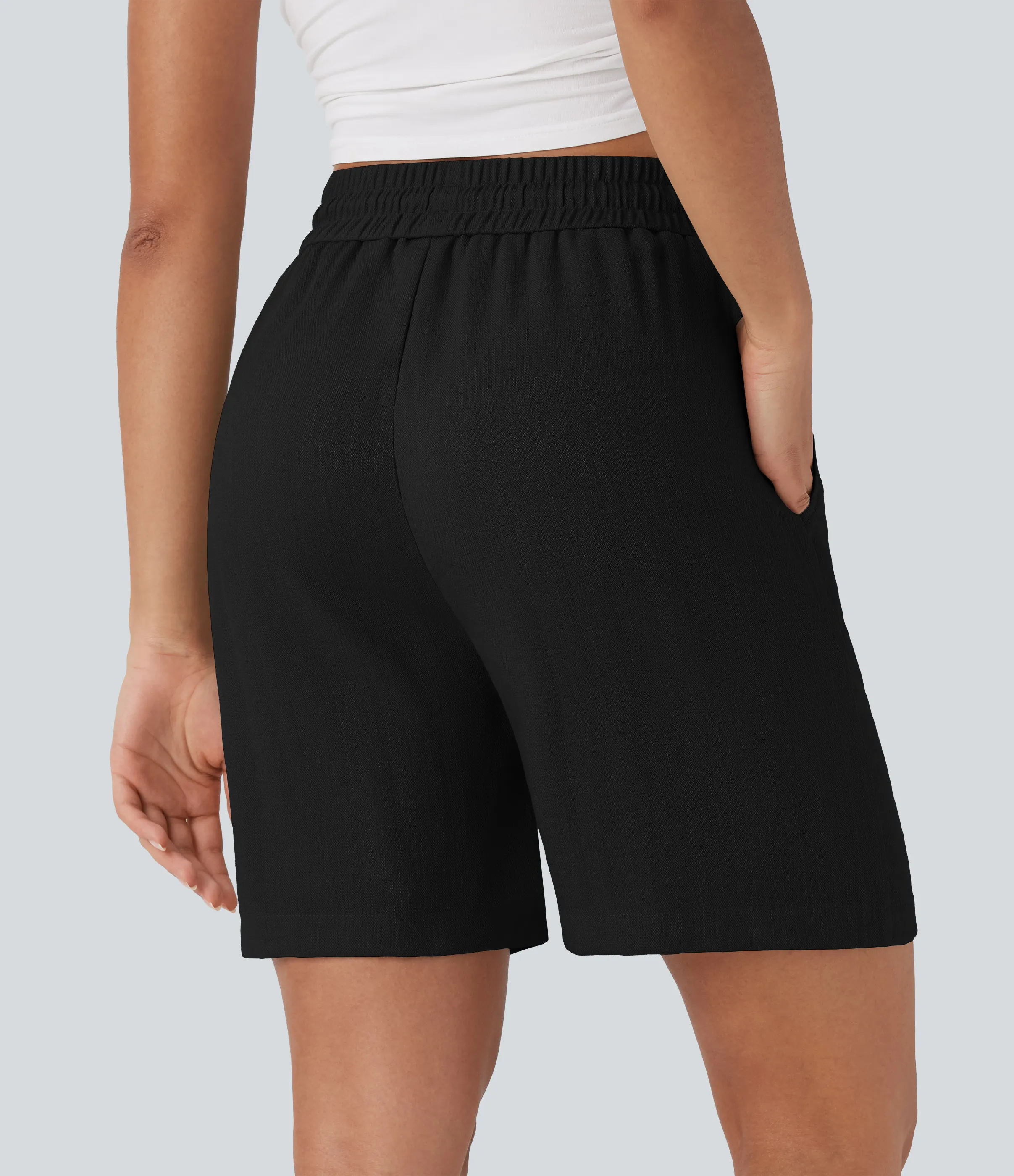 Halara Shorts casuales de lino con tiro alto y cordón ajustable con bolsillos laterales - Black - S sold by Halara product image thumbnail 5