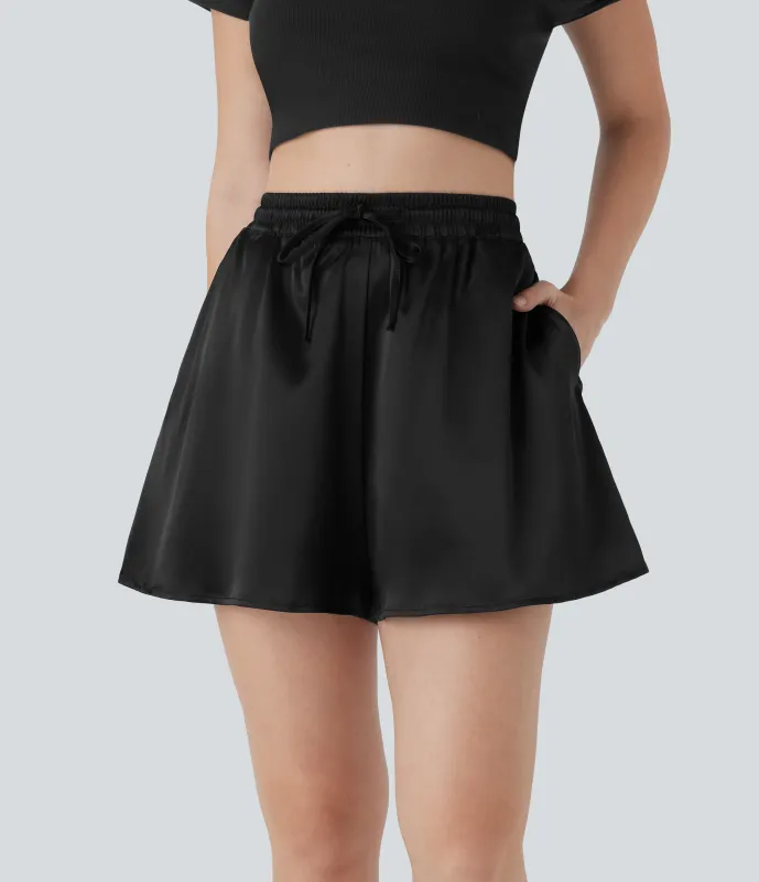 Halara Shorts casuales holgados de satén y tiro alto con bolsillos laterales y cordón - Black - XS sold by Halara